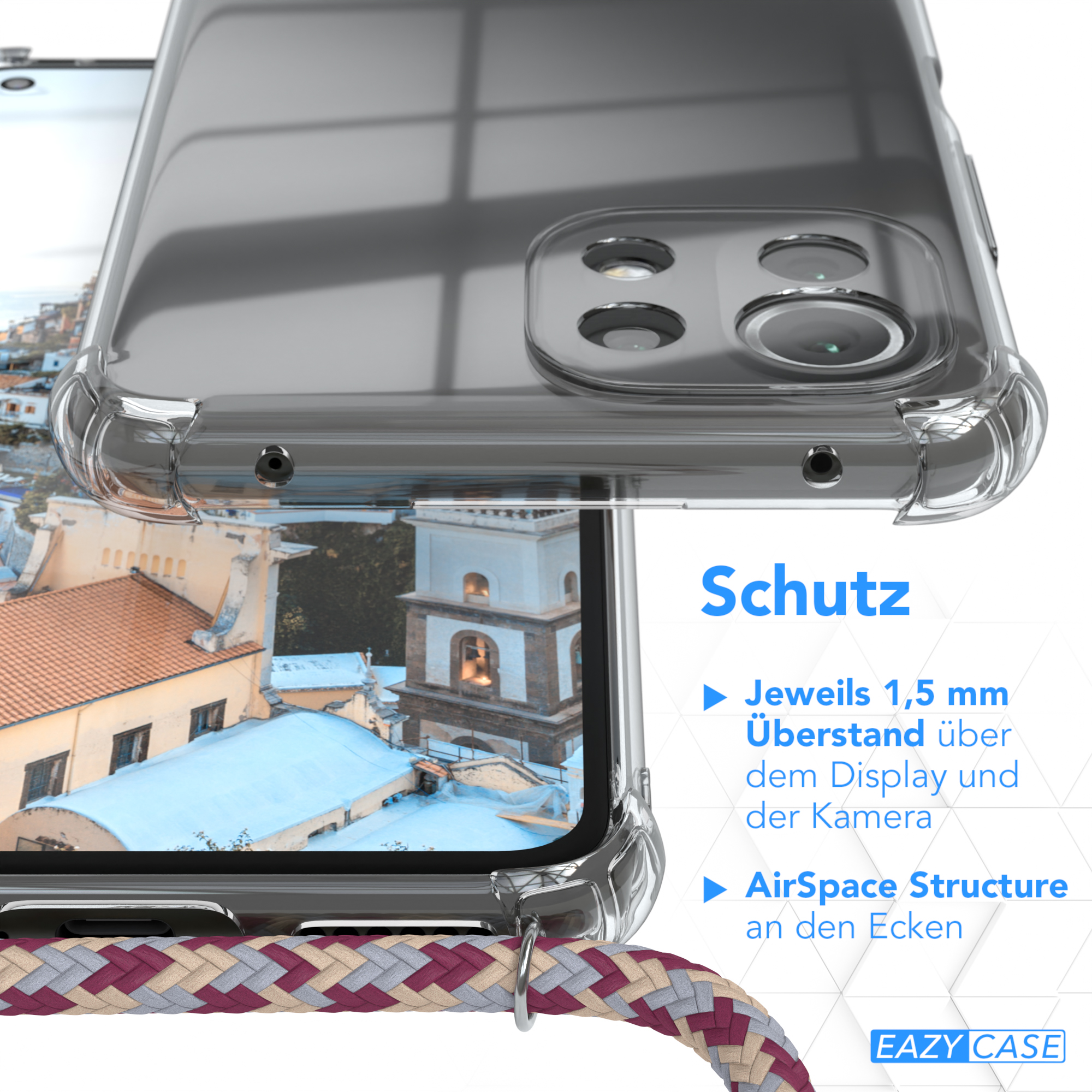 Nahaufnahme einer Handyhülle. Zeigt die Kamera des Telefons und die schützenden Kanten der Hülle.