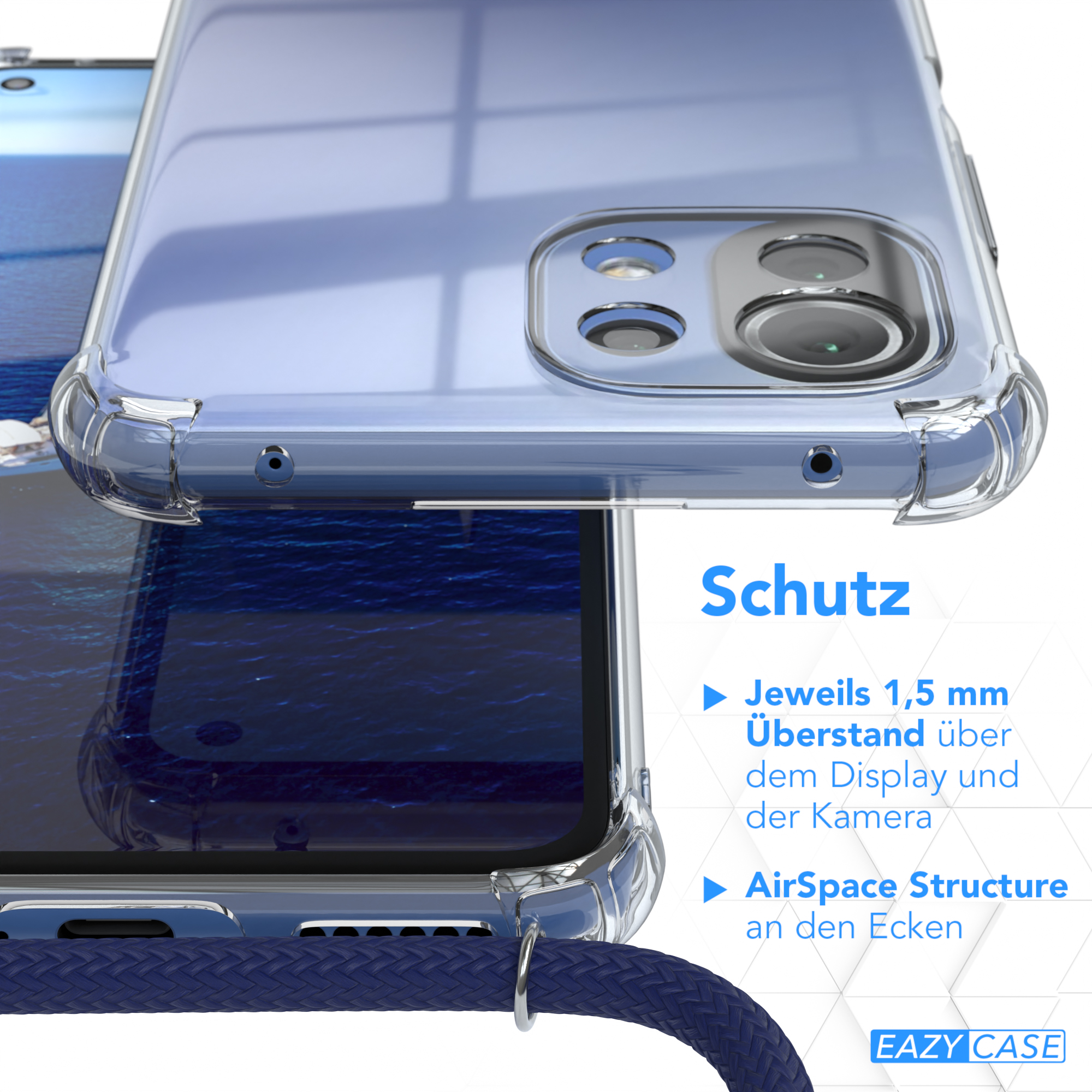 Nahaufnahme einer Handyhülle, die Schutzfunktionen wie AirSpace Structure hervorhebt.