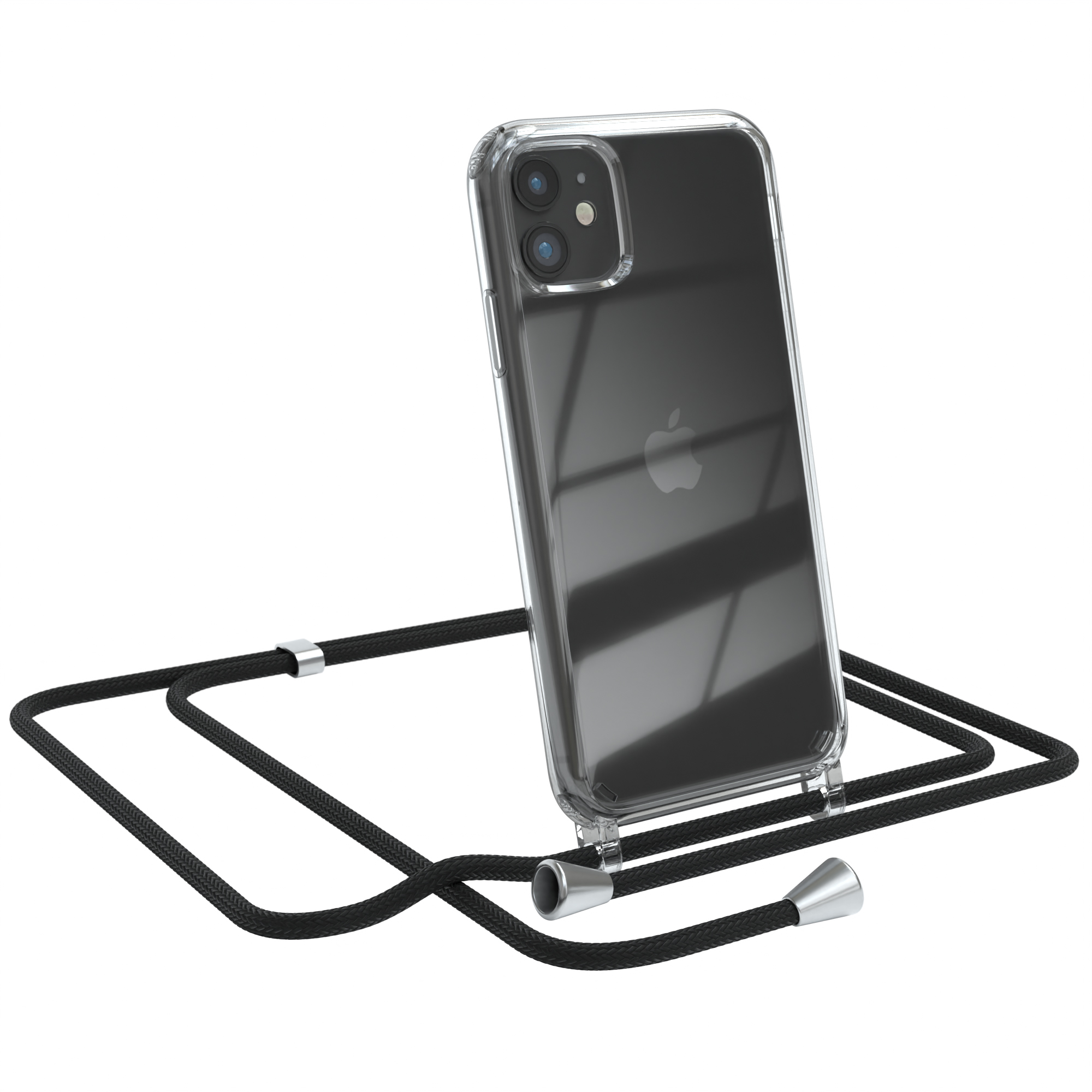 Ein iPhone in einer transparenten Hülle mit einer schwarzen Kordel.