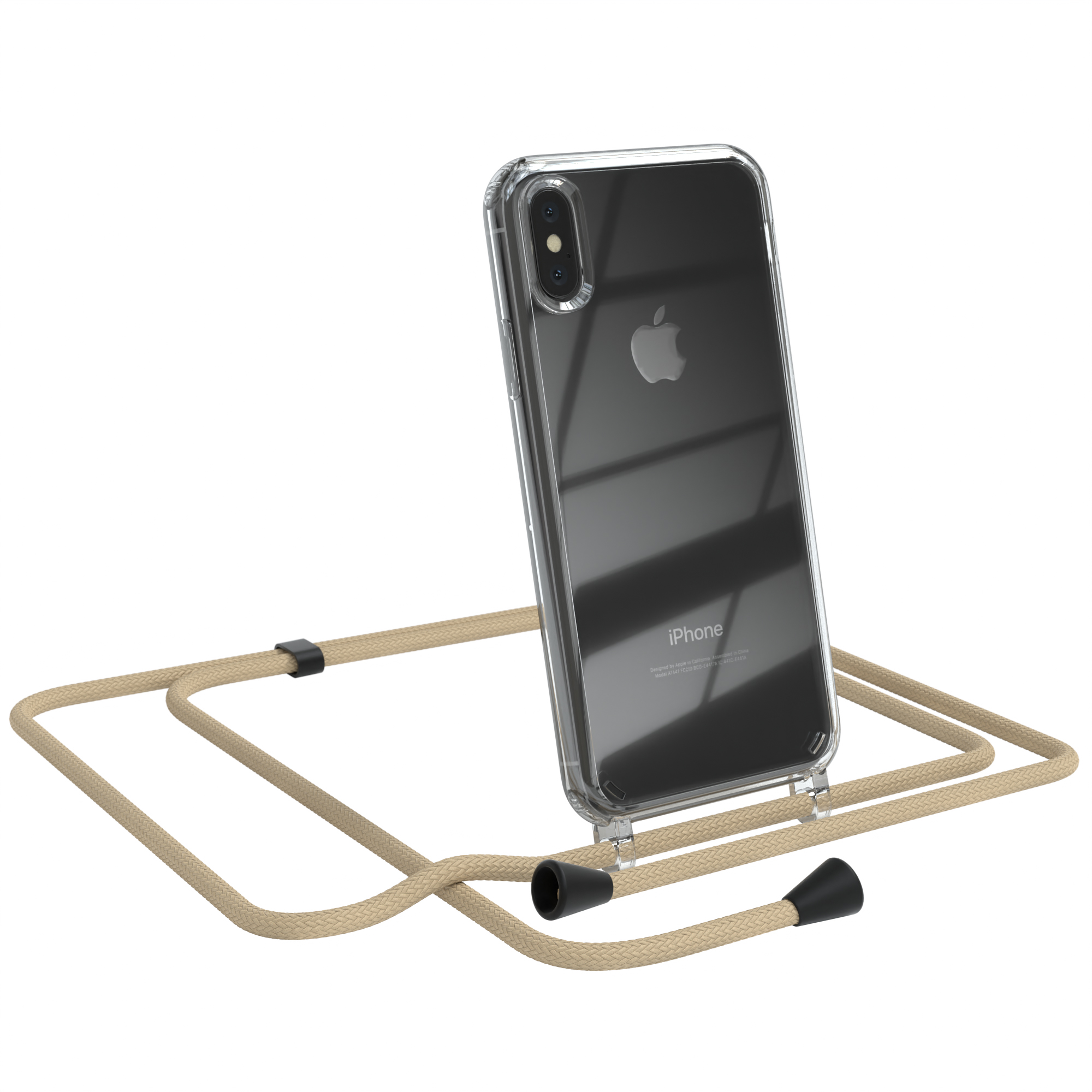 EAZY CASE Clear Cover iPhone X / XS, Apple, mit Taupe Beige Umhängeband, Umhängetasche