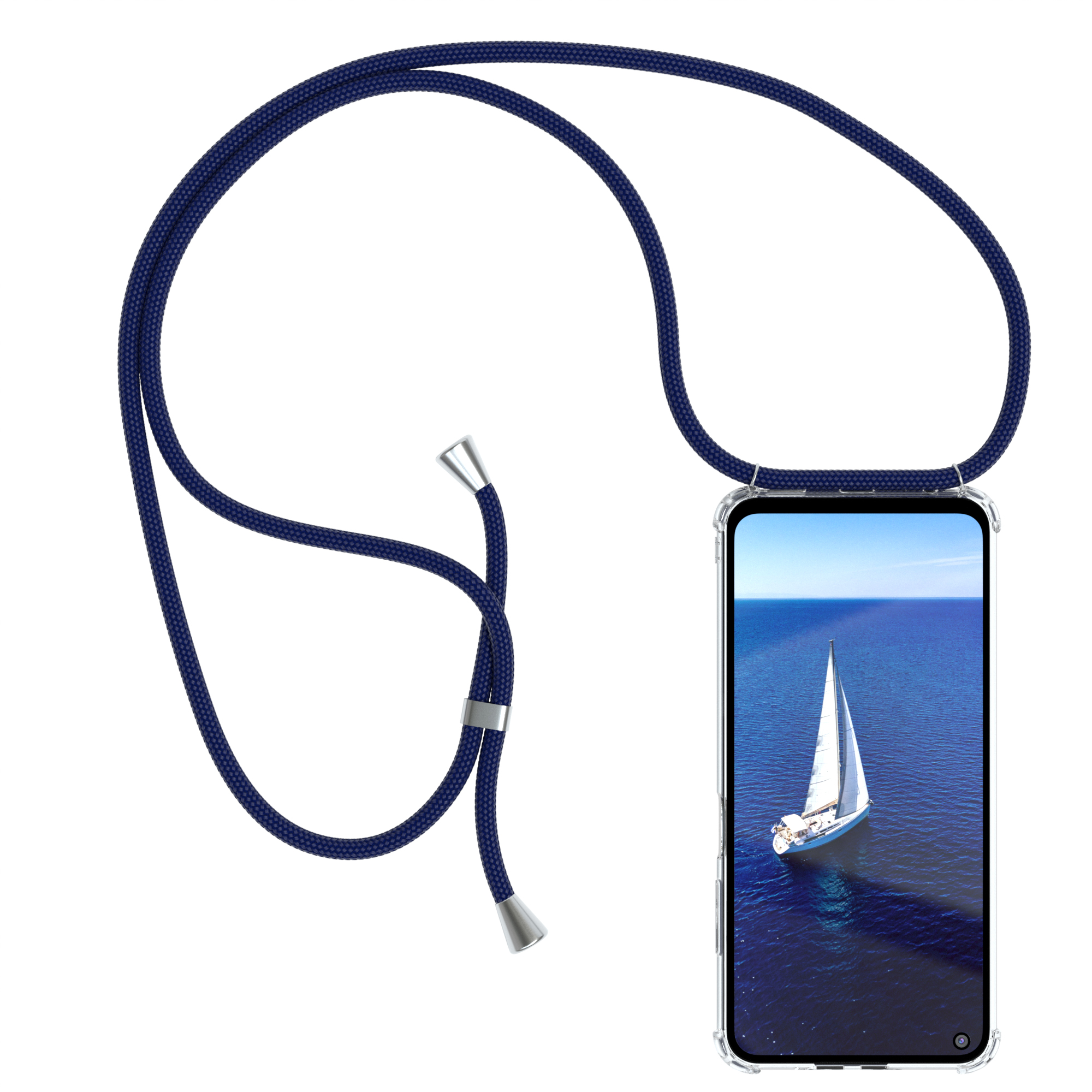 Telefon in transparenter Hülle mit blauem Umhängeband. Der Bildschirm zeigt ein Segelboot auf blauem Wasser. Klarer Himmel im Hintergrund.