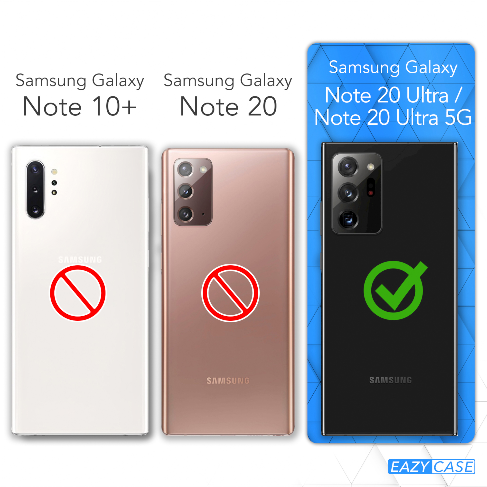 Bild mit drei Telefonen: Samsung Galaxy Note 10+, Note 20 und Note 20 Ultra/5G mit Häkchen.