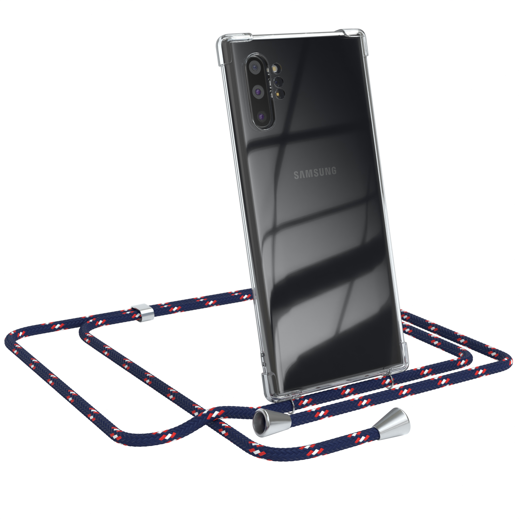 Transparente Handyhülle mit blauem Band. Samsung-Handy ist darin. Weißer Hintergrund.
