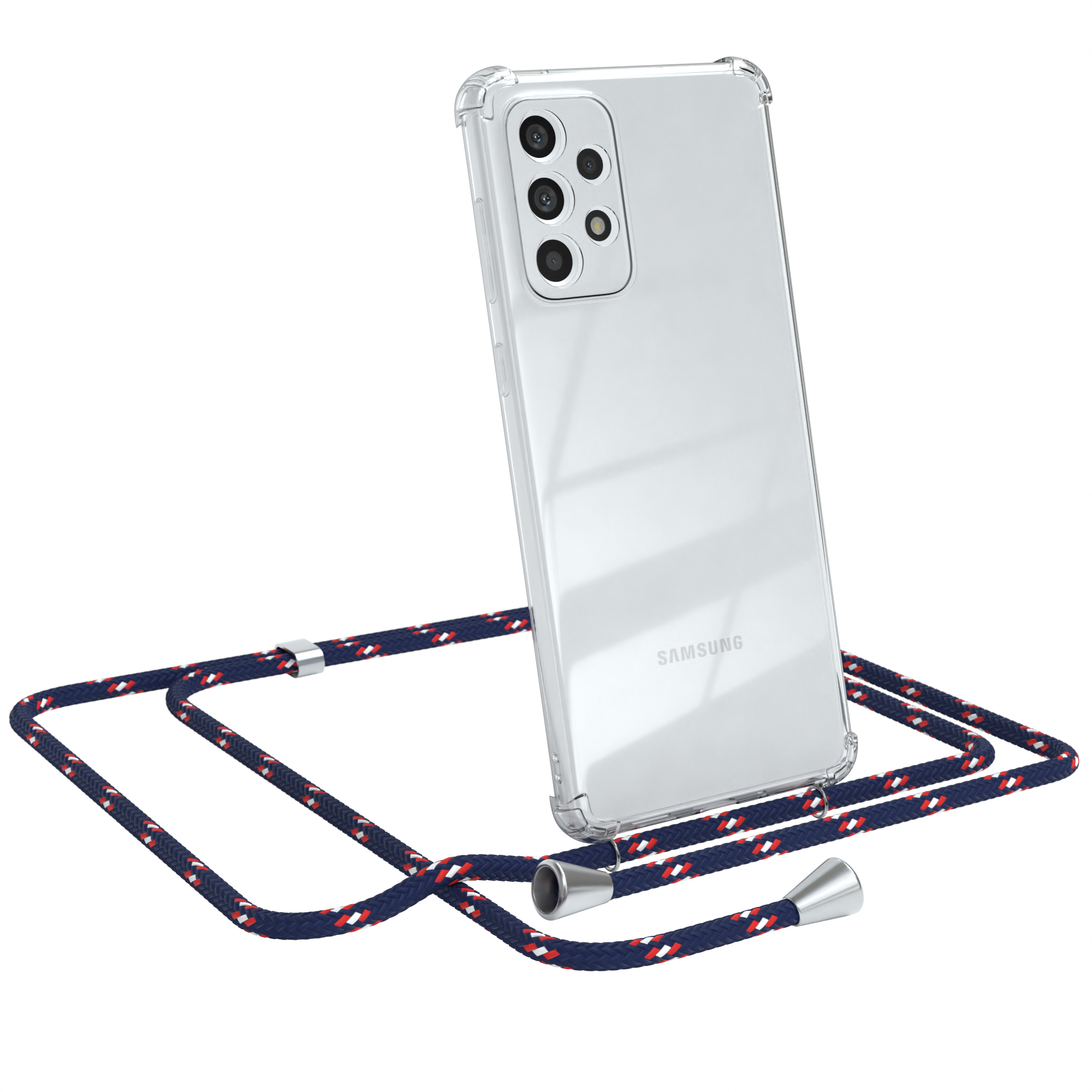 Transparente Hülle mit marineblauem Lanyard. Samsung-Telefon.