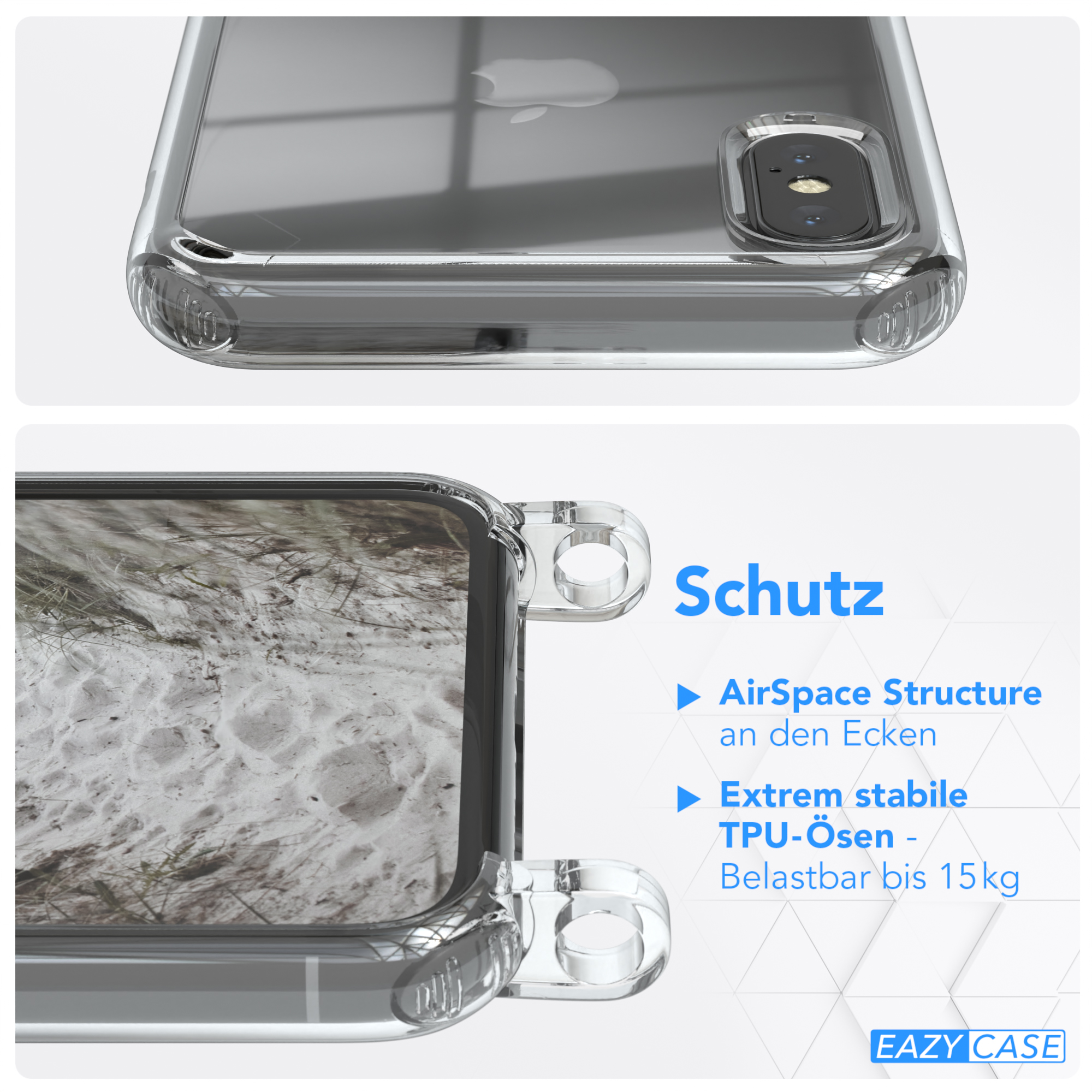 Transparente Handyhülle mit Telefon und Lanyard. Nahaufnahmedetails der Hülle.