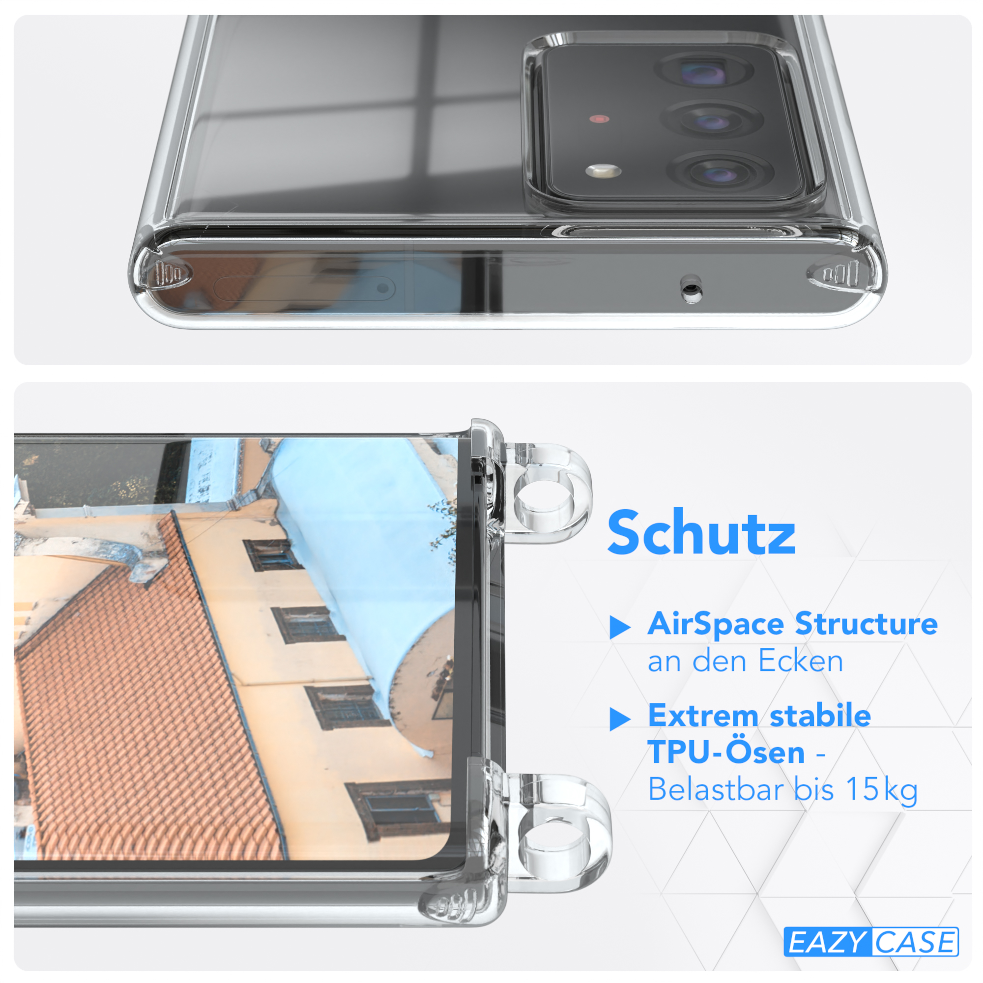 Detail der Handyhülle mit dem Wort Schutz, und Funktionen auf dem Bildschirm.