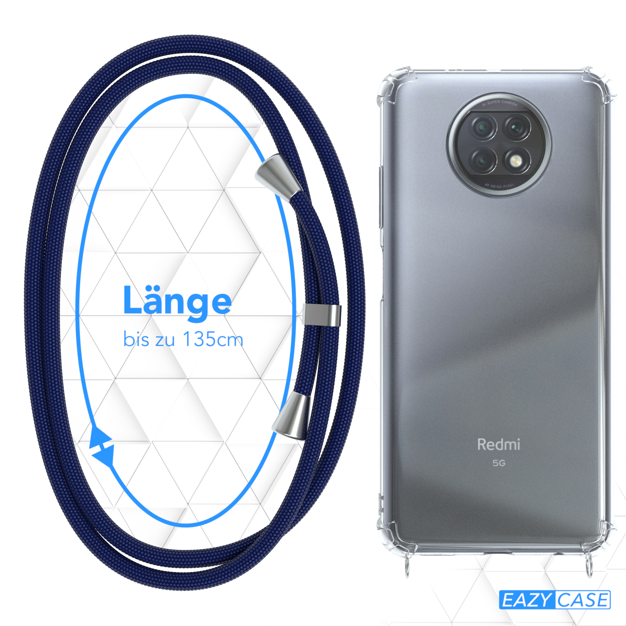 Ein Telefon mit einem Umhängeband. Das Umhängeband ist um eine Handyhülle gewickelt. Das Telefon ist mit 5G beschriftet.
