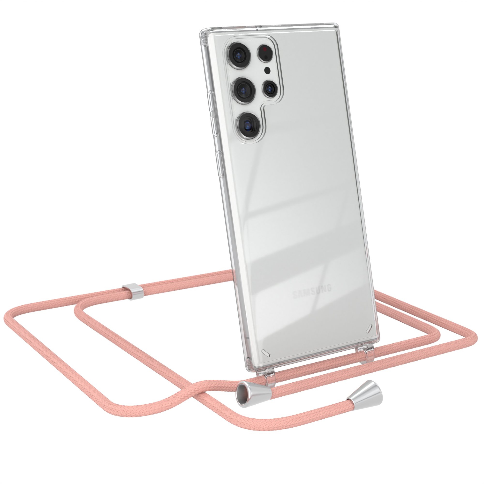 Transparente Handyhülle mit rosa Band. Samsung-Logo sichtbar. Weißer Hintergrund.