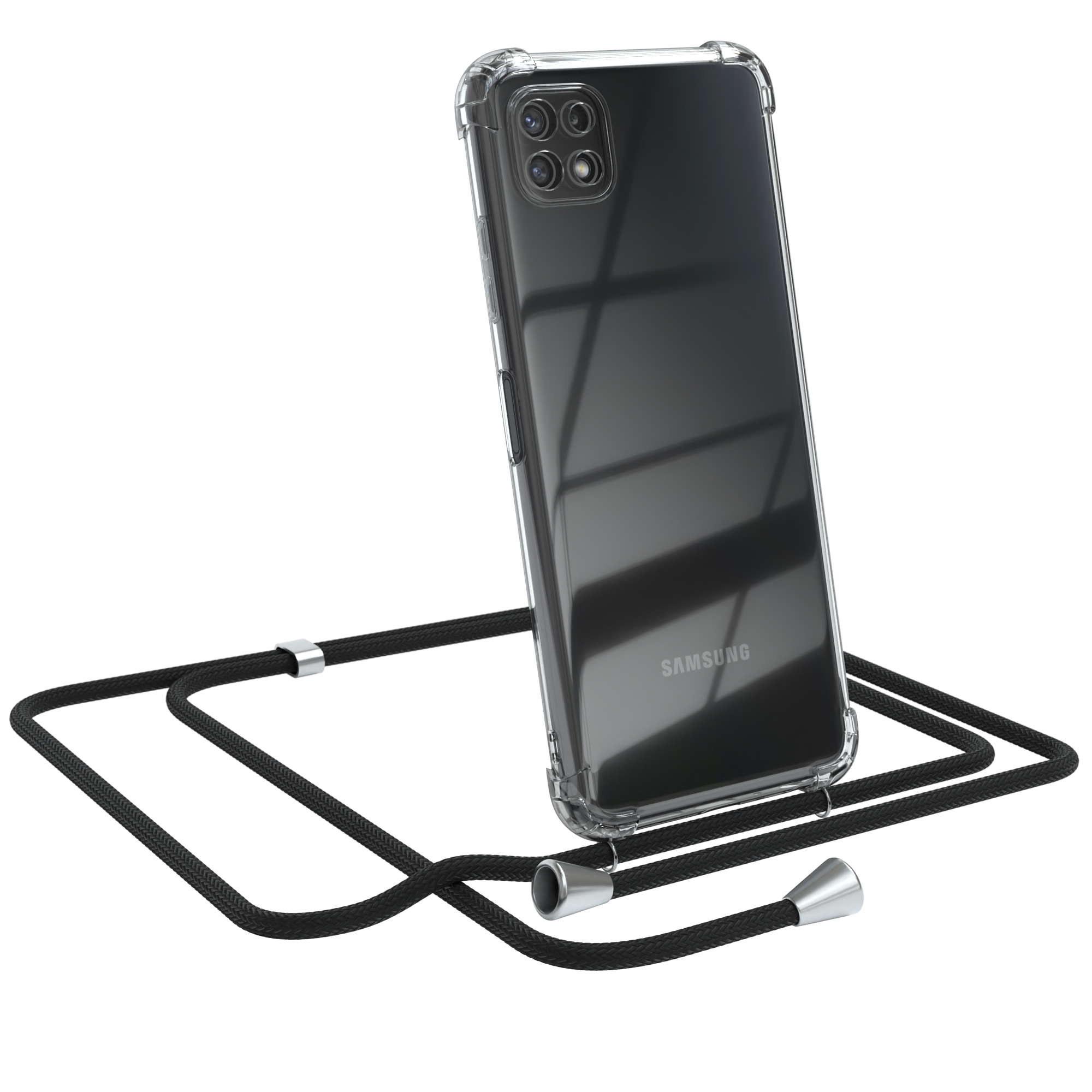 Ein Samsung-Telefon in einer transparenten Hülle mit einem schwarzen Seil. Das Telefon ist abgewinkelt und dem Betrachter zugewandt.