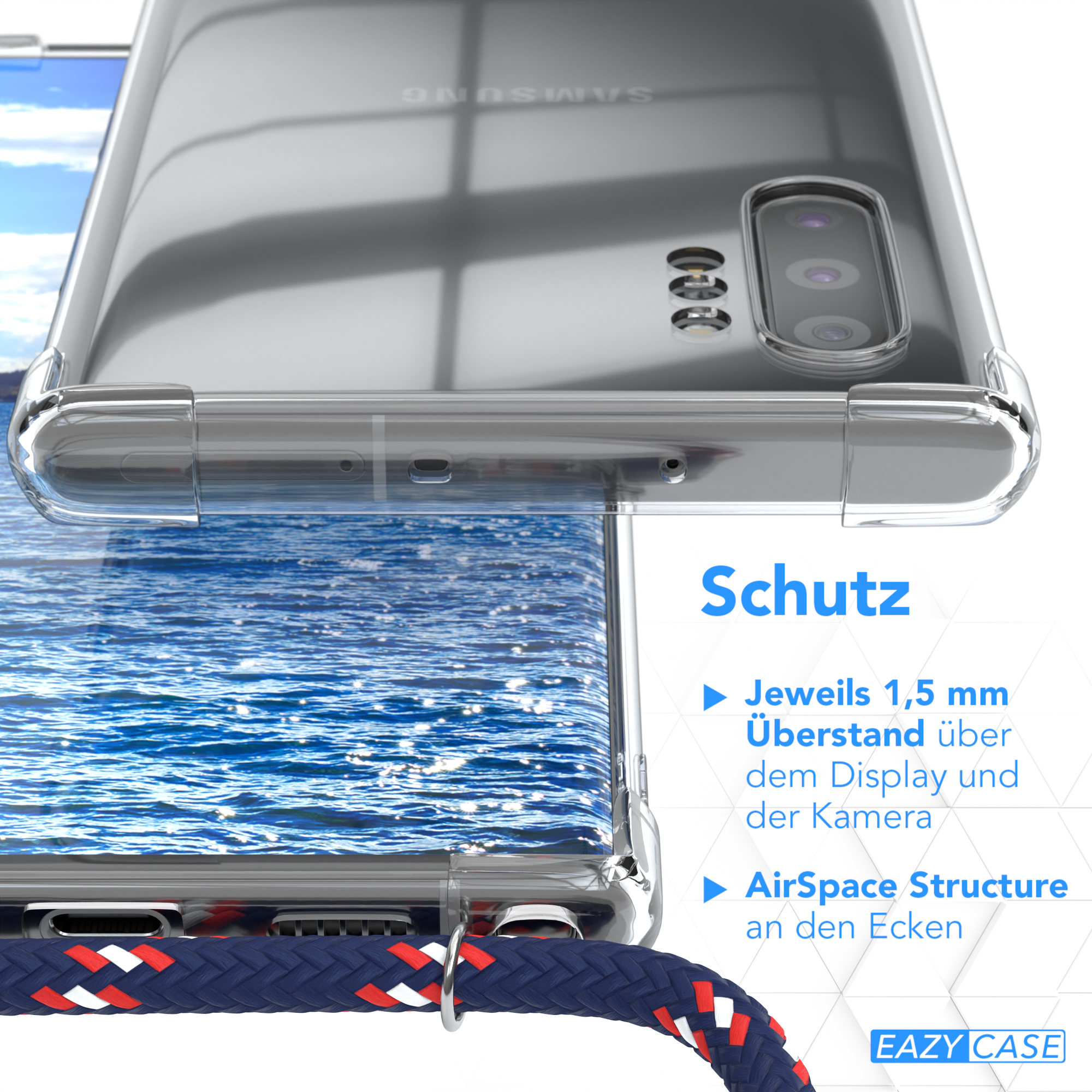 Transparente Handyhülle mit Telefon. Text: 'Schutz' und beschreibt Merkmale.