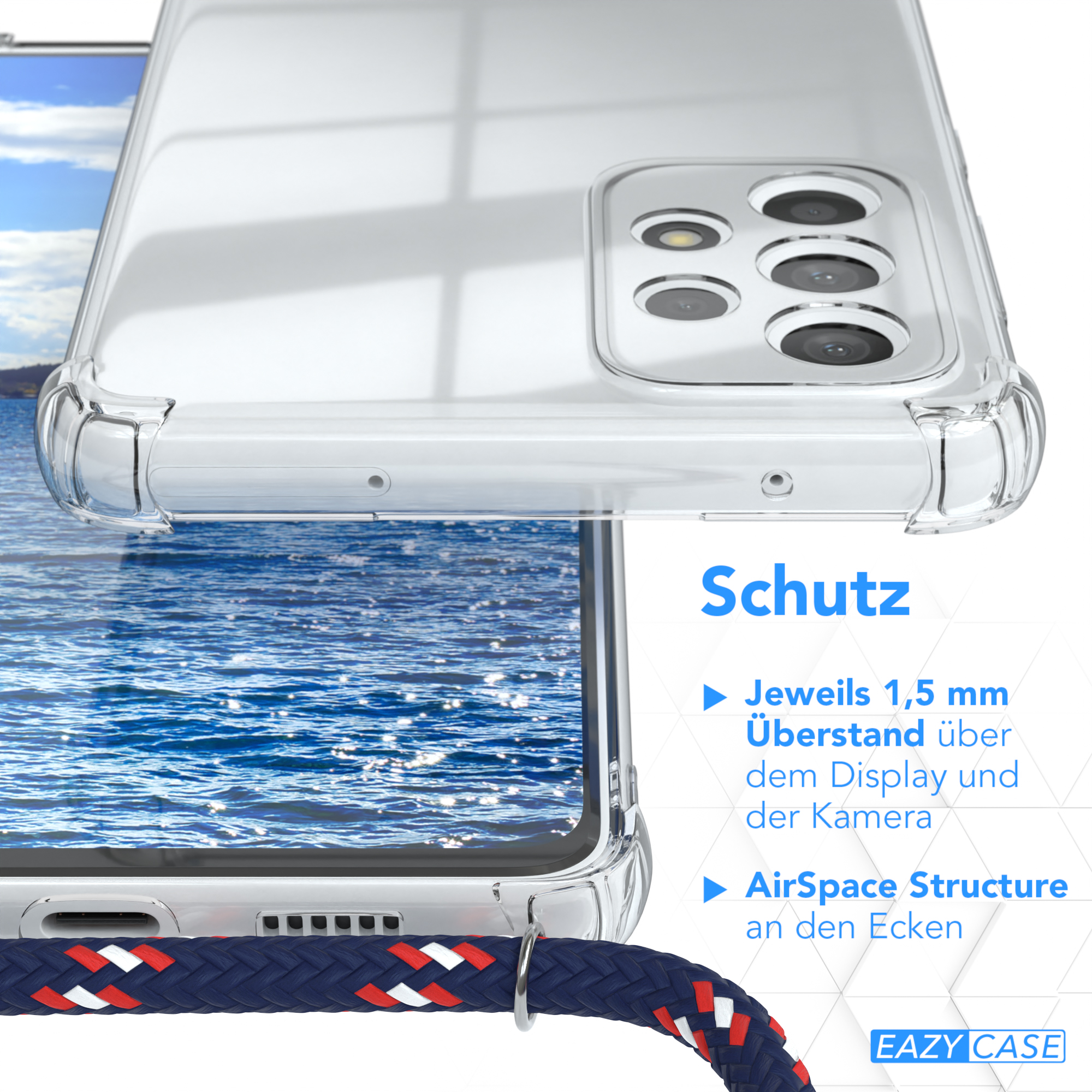 Ein Telefon in einer transparenten Hülle mit einem Riemen, Nahaufnahme.