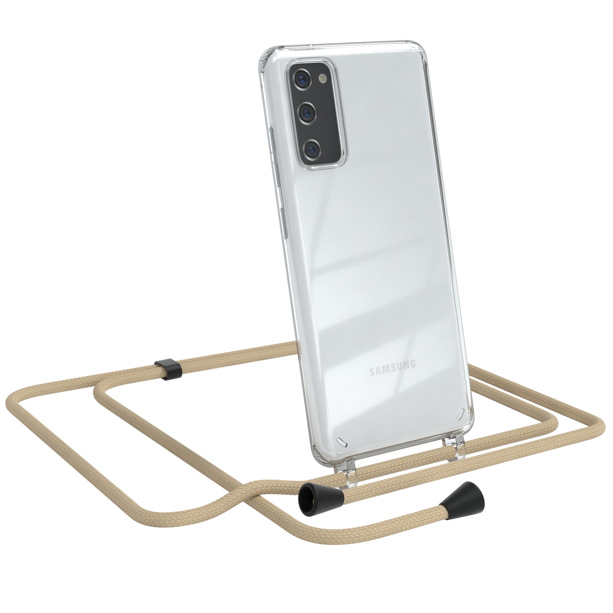 Transparente Handyhülle mit beigefarbenem Lanyard. Samsung-Telefon sichtbar. Weißer Hintergrund.