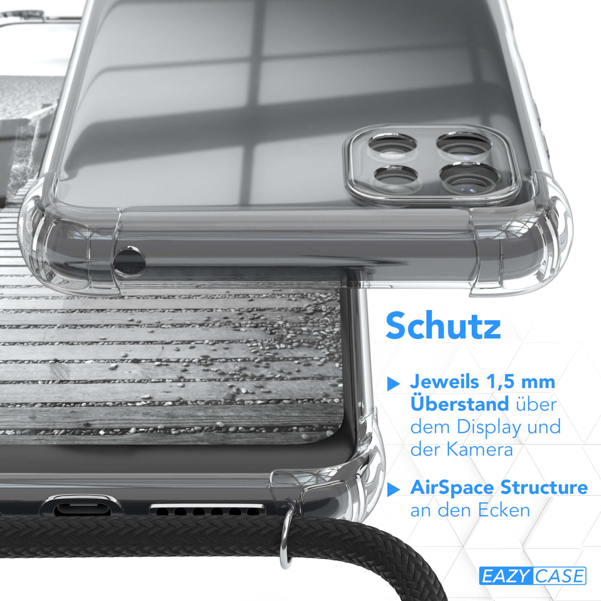 Nahaufnahme einer Handyhülle, mit Schutzeigenschaften, neben einem schwarzen Band.