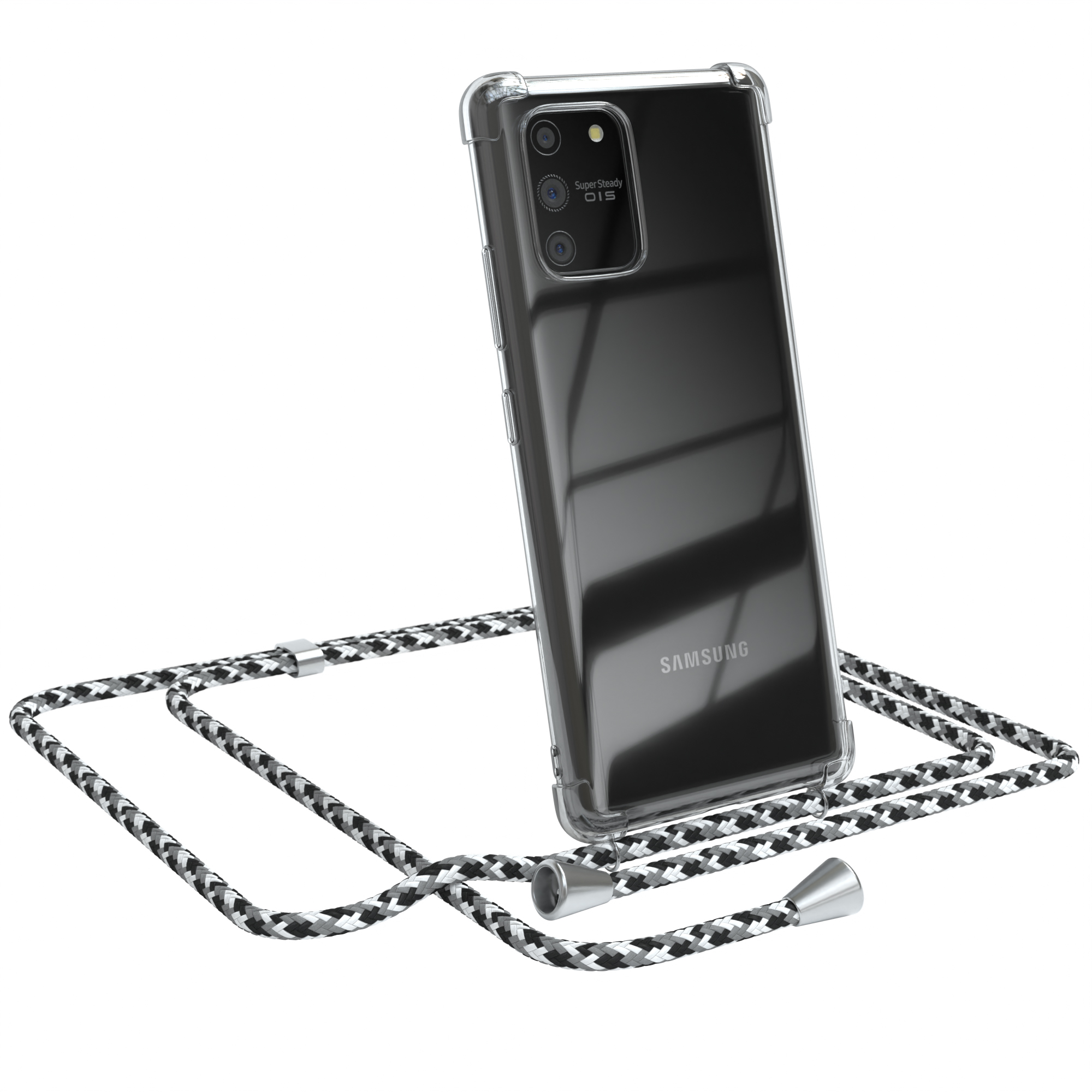 Transparente Handyhülle mit schwarz-weißem Kordel. Samsung-Telefon hat mehrere Kameras. Silberne Akzente an den Enden.