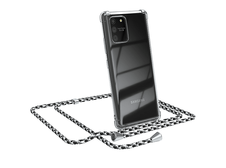 EAZY CASE Clear Cover mit Umhängeband, Umhängetasche, Samsung, Galaxy S10 Lite, Schwarz Camouflage / Clips Silber