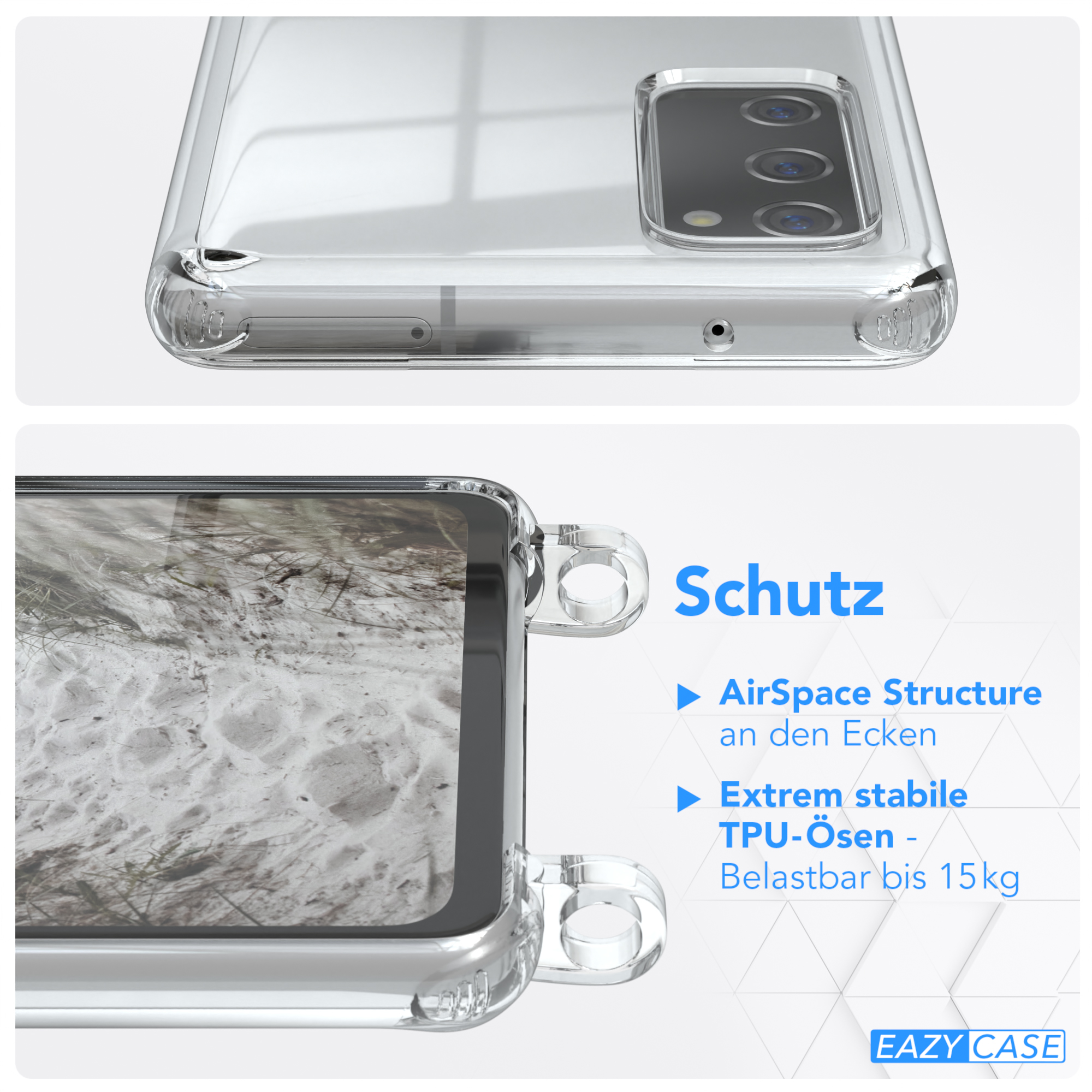 Nahaufnahme einer Handyhülle. Die Hülle ist transparent und zeigt das Telefon darin.