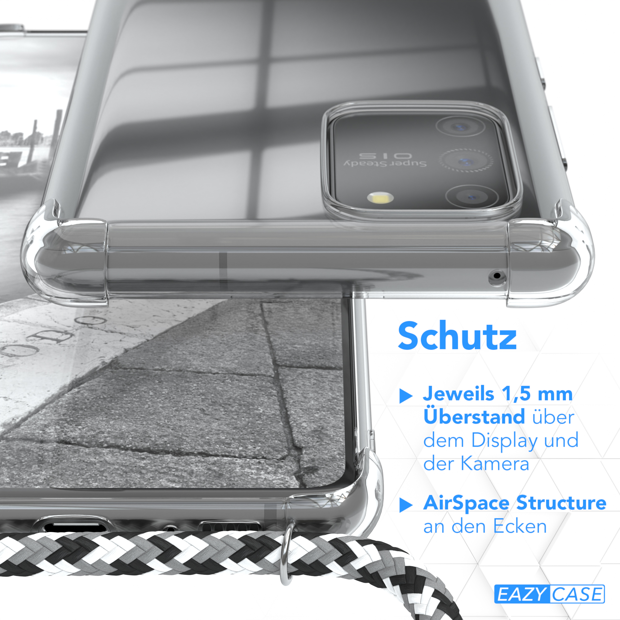 Transparente Handyhülle mit Band unten. Der Hintergrund ist eine Nahaufnahme einer Stadtlandschaft.