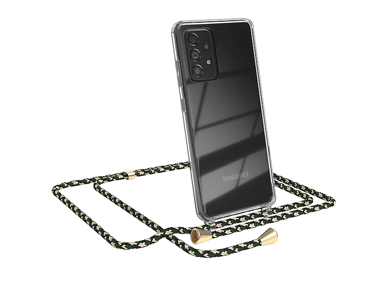 EAZY CASE Clear Cover mit Umhängeband, Umhängetasche, Samsung, Galaxy A52 / A52 5G / A52s 5G, Grün Camouflage / Clips Gold