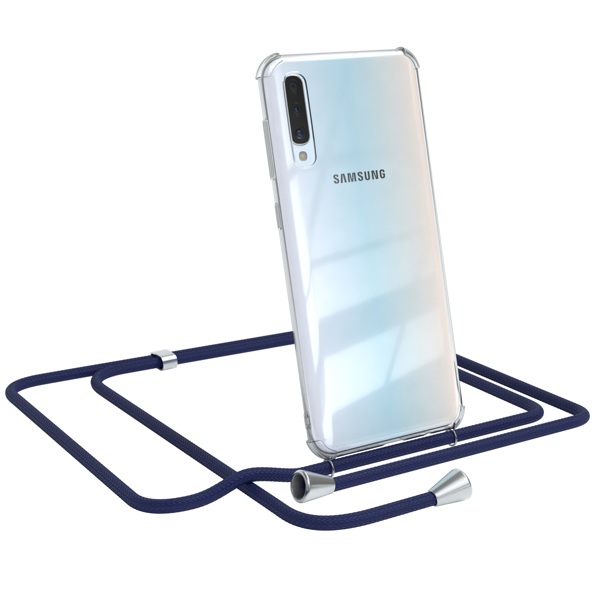 Transparente Handyhülle mit blauem Band. Samsung-Logo sichtbar. Weißer Hintergrund.