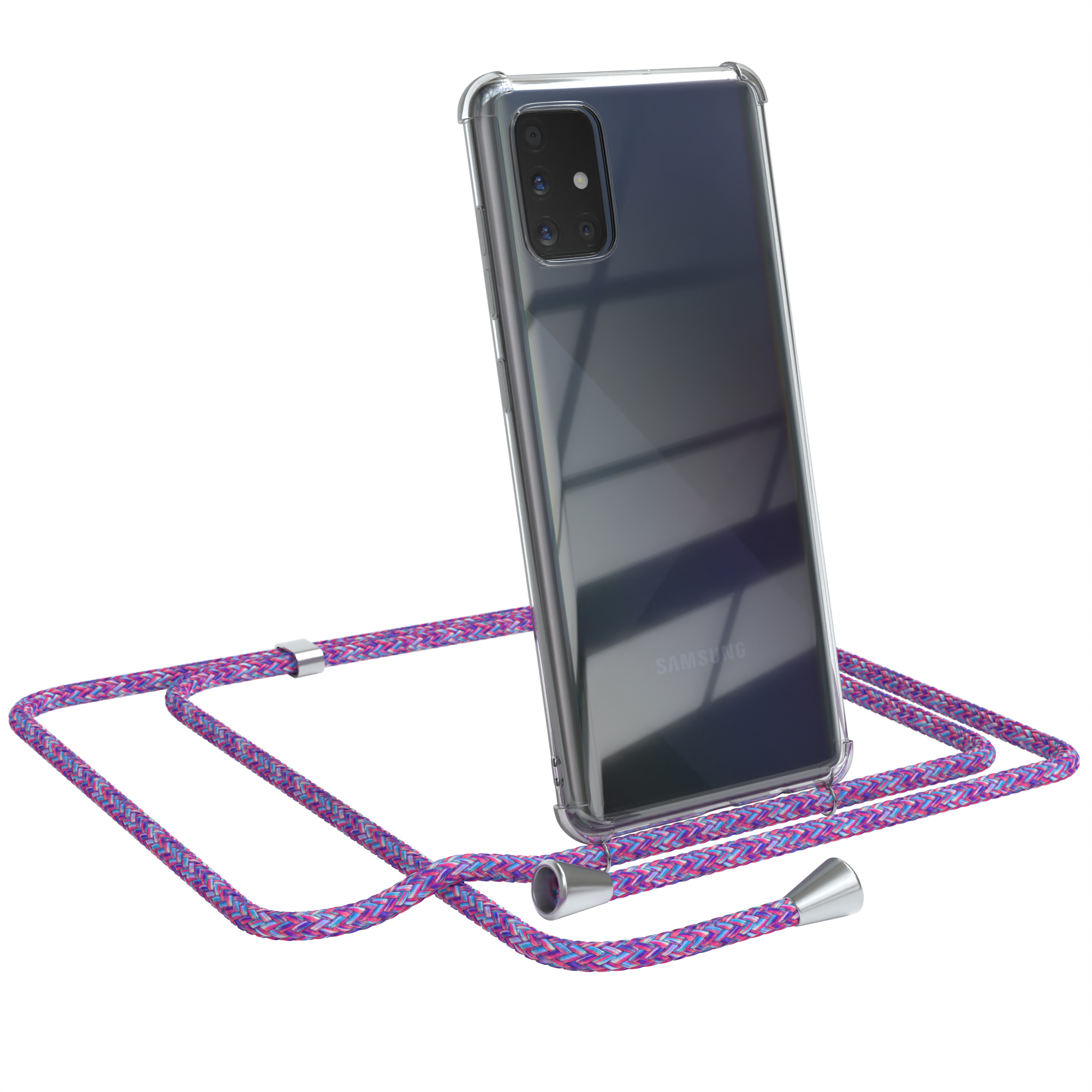 Transparente Handyhülle mit lila Band. Samsung-Telefon sichtbar. Weißer Hintergrund.