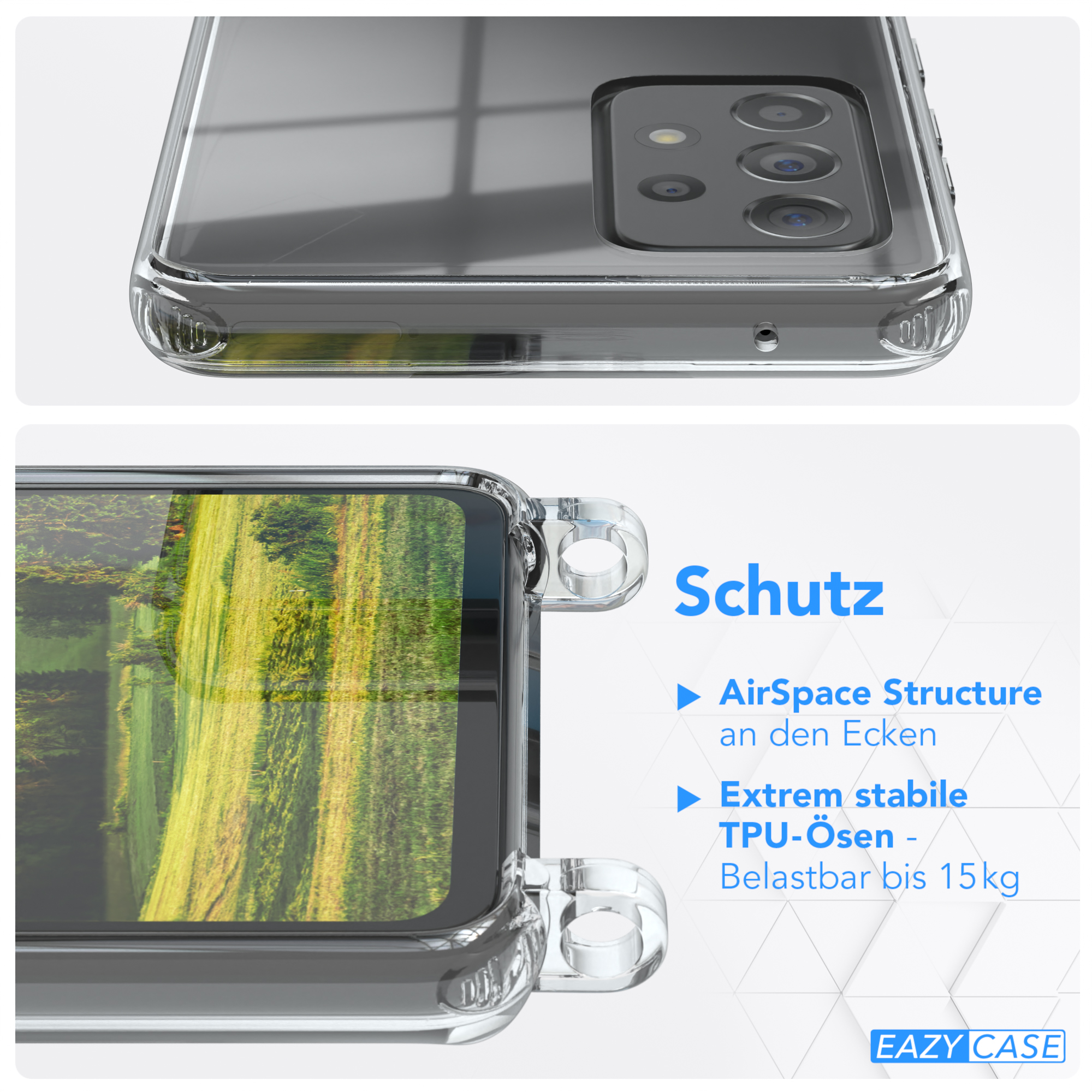 Transparente Handyhülle auf einem Telefon. Details, AirSpace-Struktur, TPU-Ösen. Text: Schutz.
