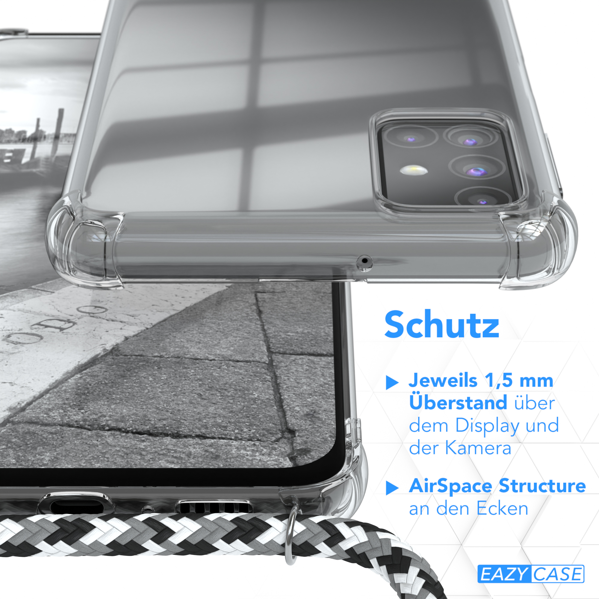 Nahaufnahme einer Handyhülle mit schwarz-weißem Riemen. Der Text Schutz wird angezeigt.