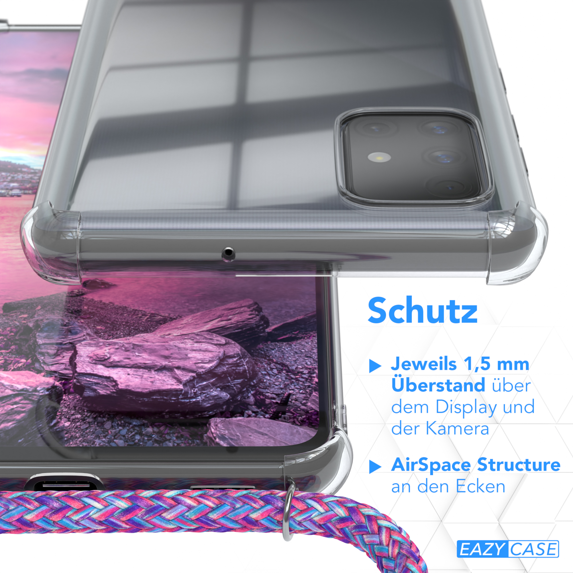 Transparente Handyhülle, Text 'Schutz'. Details: 1,5 mm Displayüberstand und AirSpace Structure an den Ecken.