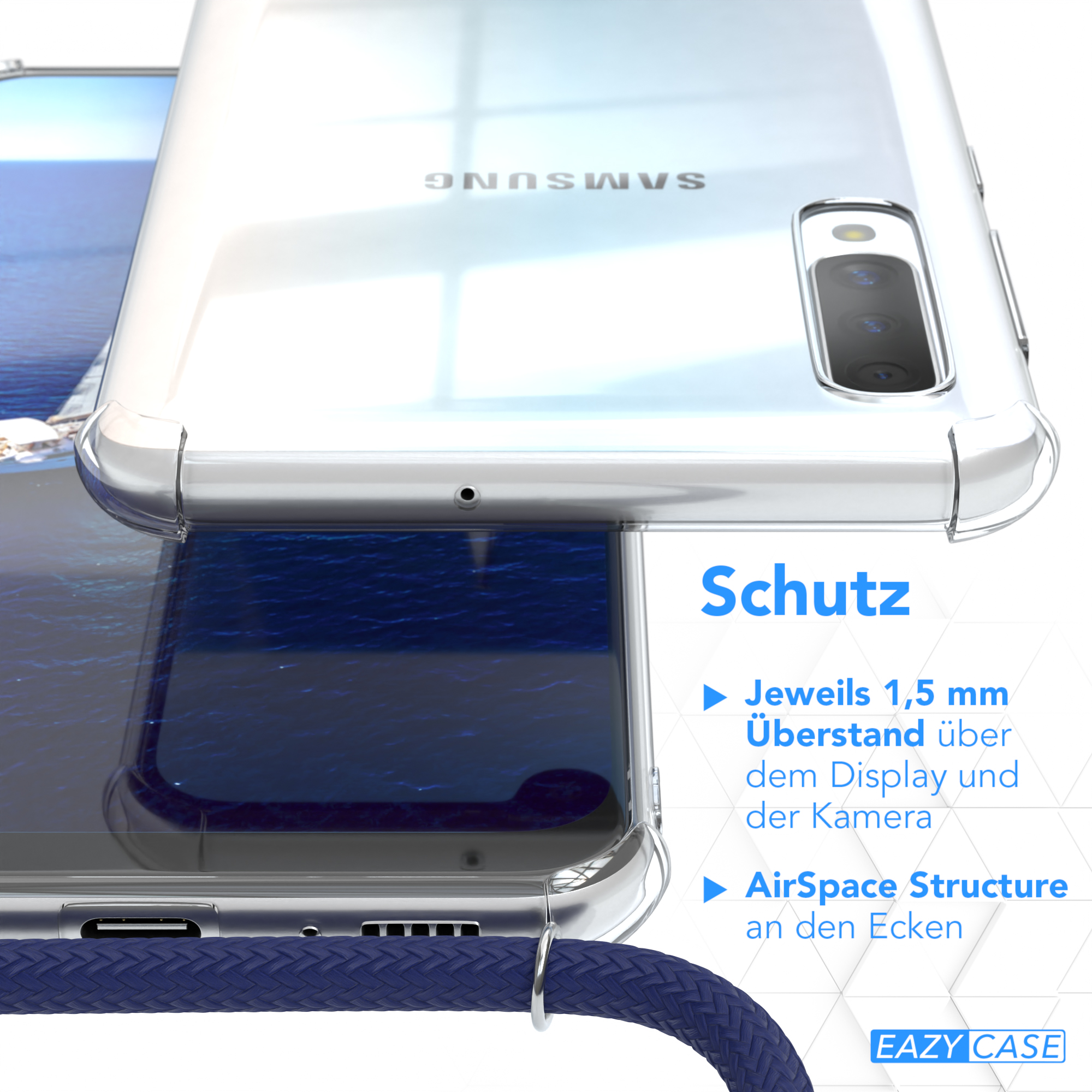 Nahaufnahme einer Handyhülle. Text: Schutz. Merkmale: 1,5 mm Überstand, AirSpace-Struktur an Ecken.