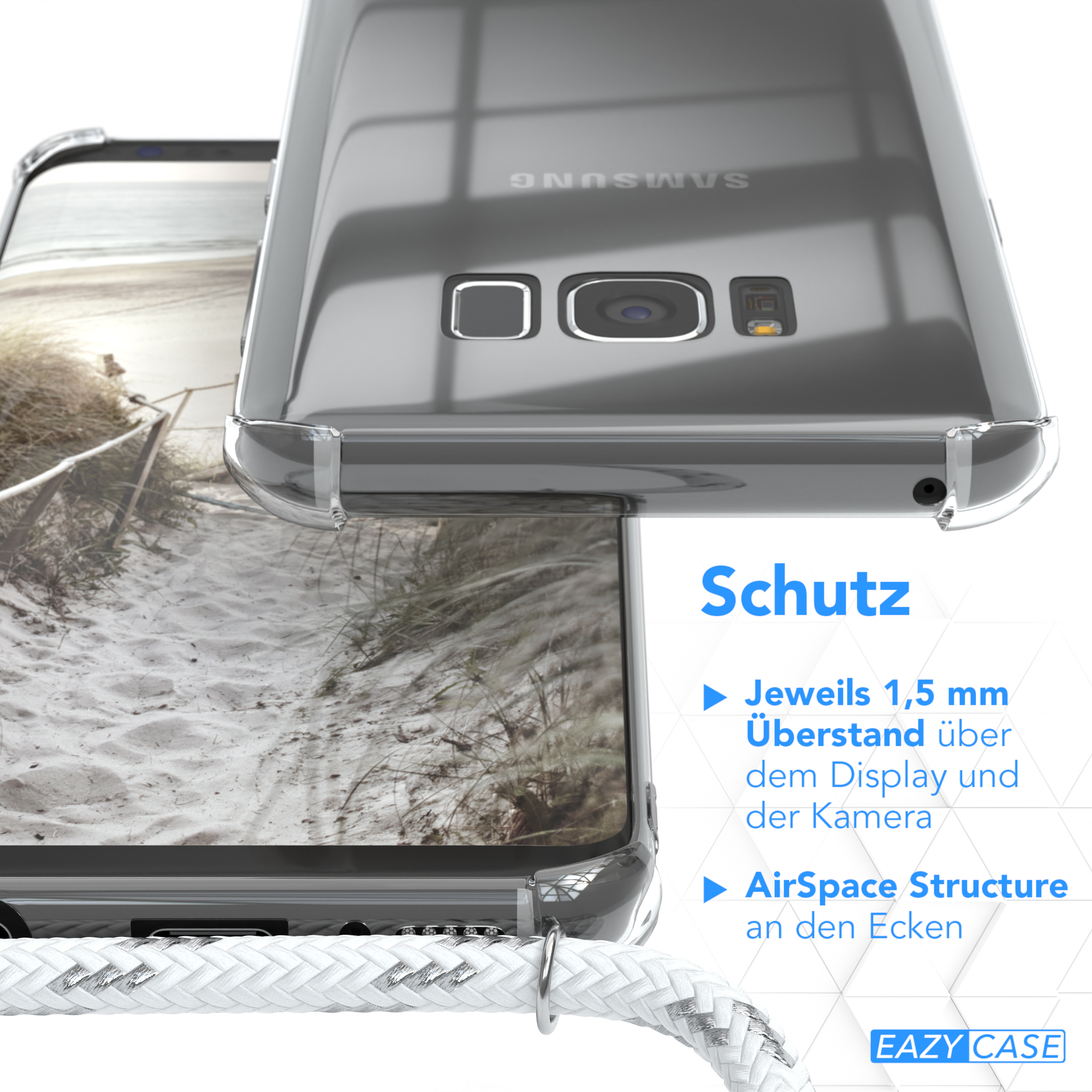 Nahaufnahme einer Handyhülle auf einem Telefon, Text hebt Schutzfunktionen hervor.