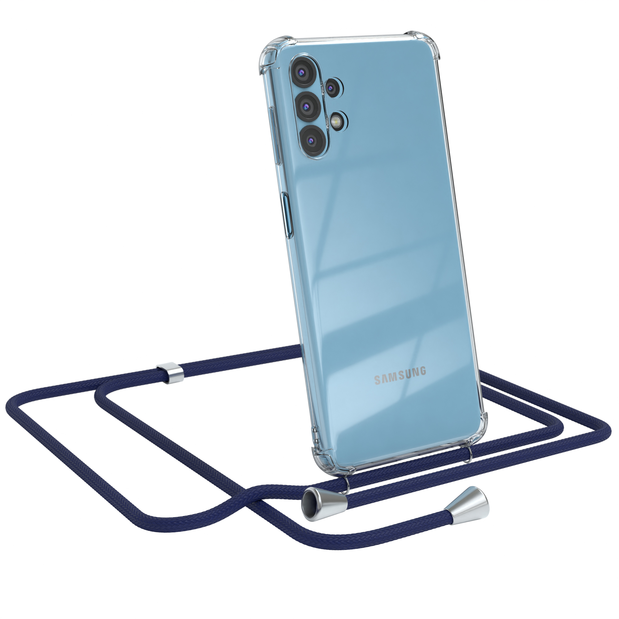 Transparente Handyhülle mit blauem Kabel. Telefon ist angewinkelt, zeigt die Rückkameras.
