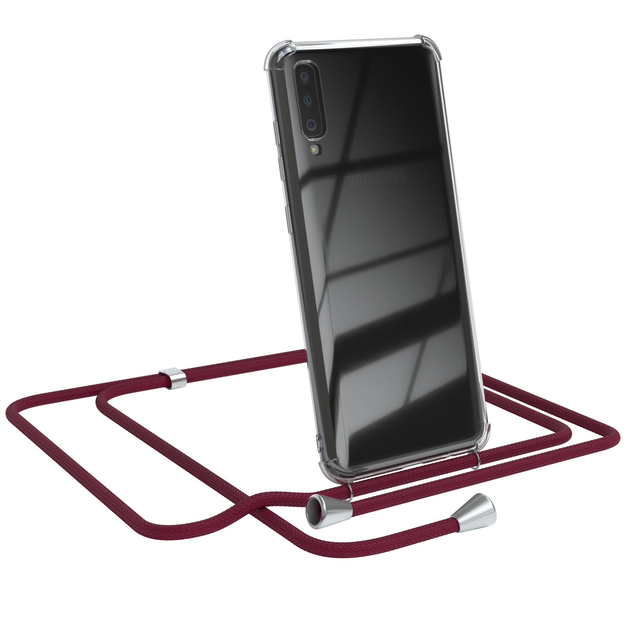Samsung-Handy in klarer Hülle mit weinrotem Lanyard.