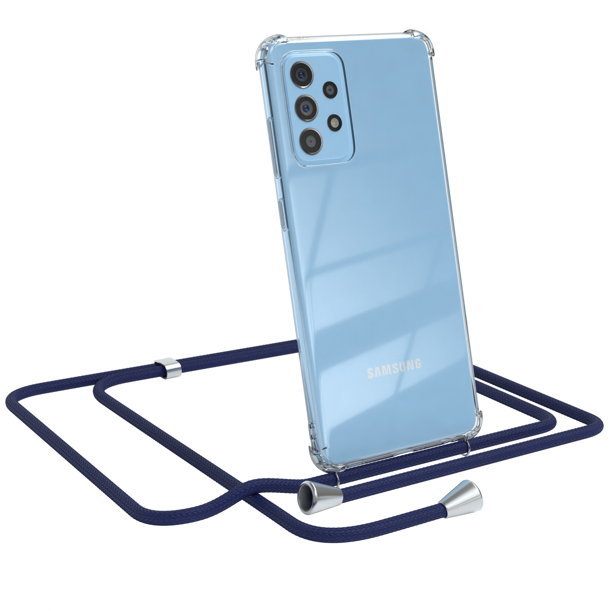 Telefon in transparenter Hülle mit dunkelblauem Umhängeband. Samsung-Logo sichtbar.