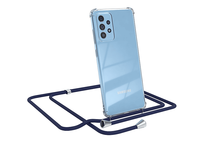 EAZY CASE Clear Cover mit Umhängeband, Umhängetasche, Samsung, Galaxy A72 / A72 5G, Blau / Clips Silber