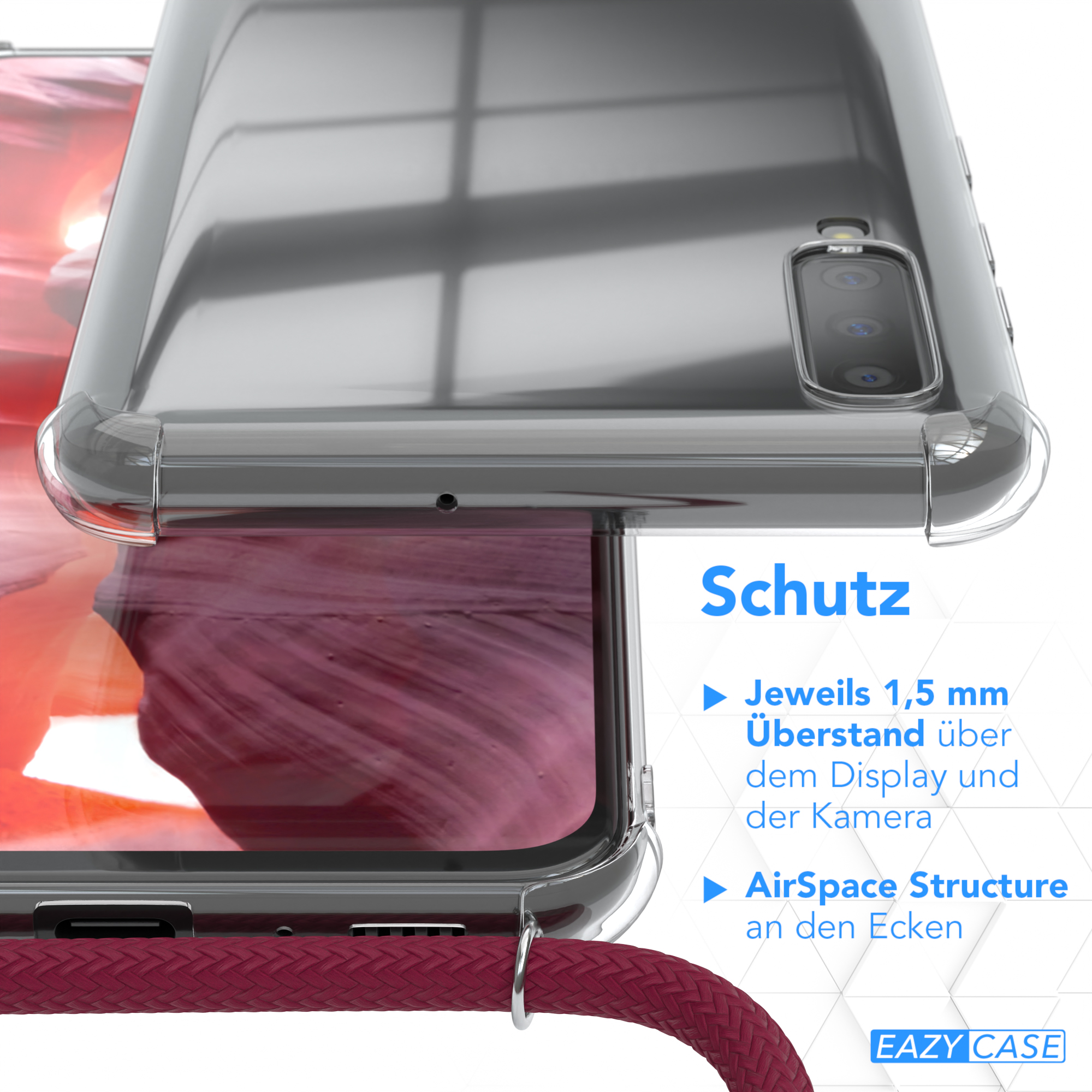 EAZY CASE Clear Cover mit Samsung, Umhängetasche, Rot / Clips Silber A70, Galaxy Bordeaux Umhängeband