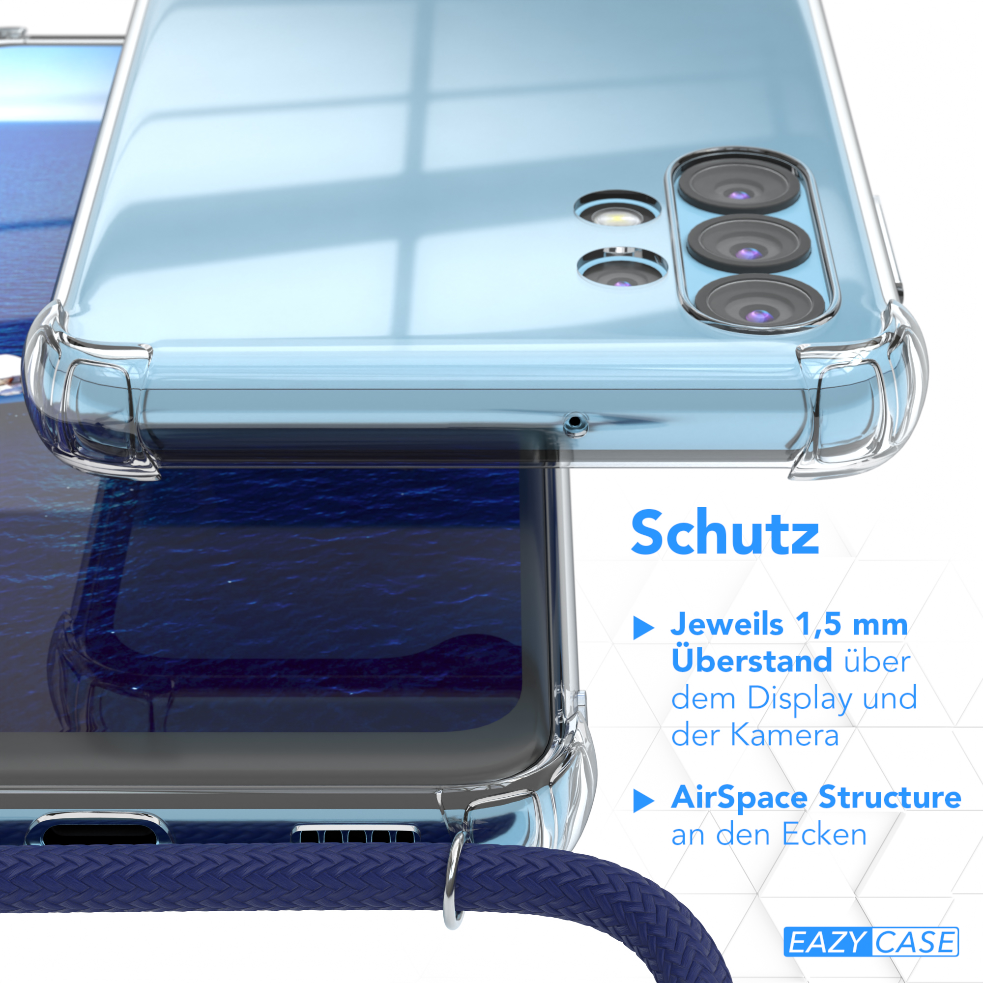 EAZY CASE Clear A32 5G, Blau mit Galaxy Cover / Umhängeband, Umhängetasche, Clips Samsung, Silber