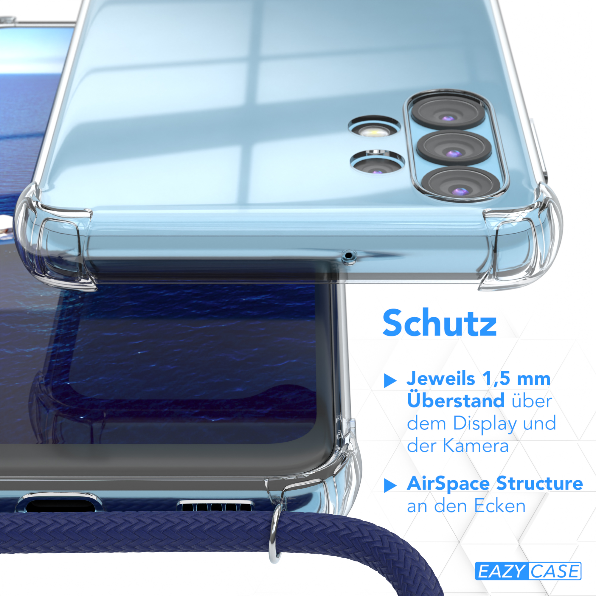 Nahaufnahme einer Handyhülle. Zeigt die Kamera des Telefons und die schützenden Kanten der Hülle.
