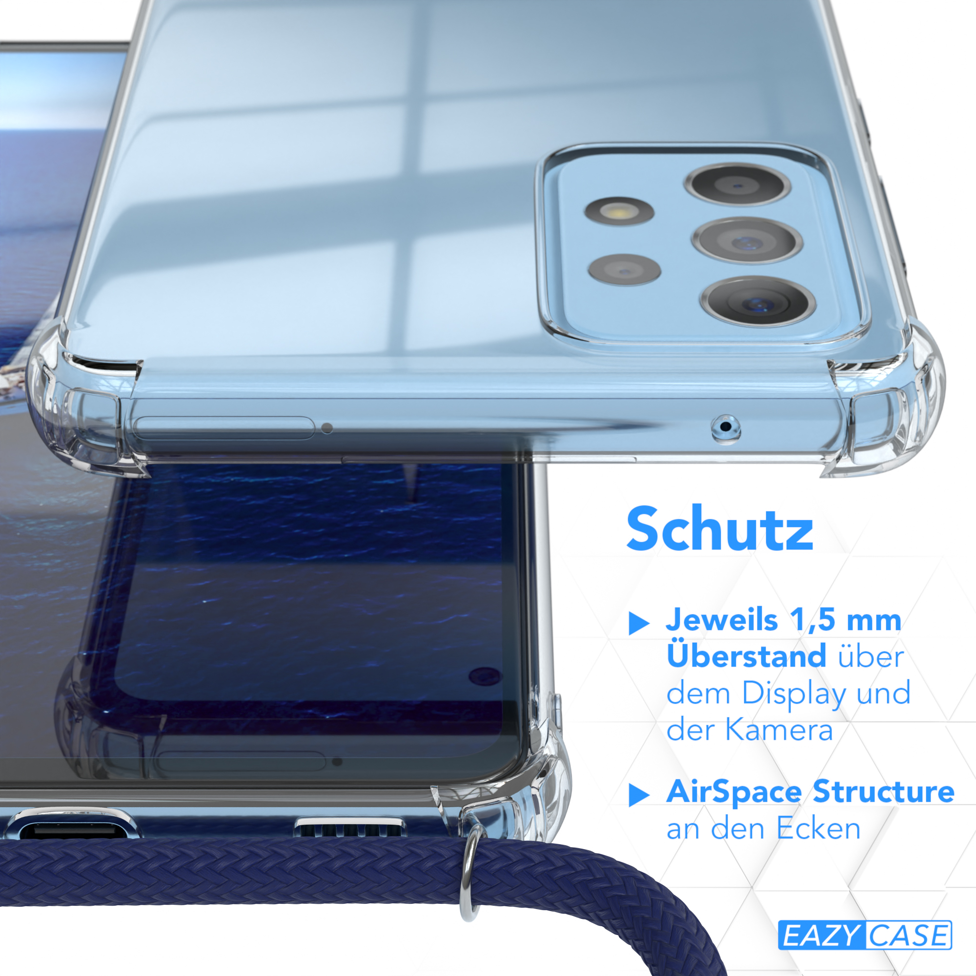 5G, Galaxy / Umhängetasche, EAZY Samsung, A72 Silber / Clear Cover CASE Umhängeband, Clips A72 mit Blau