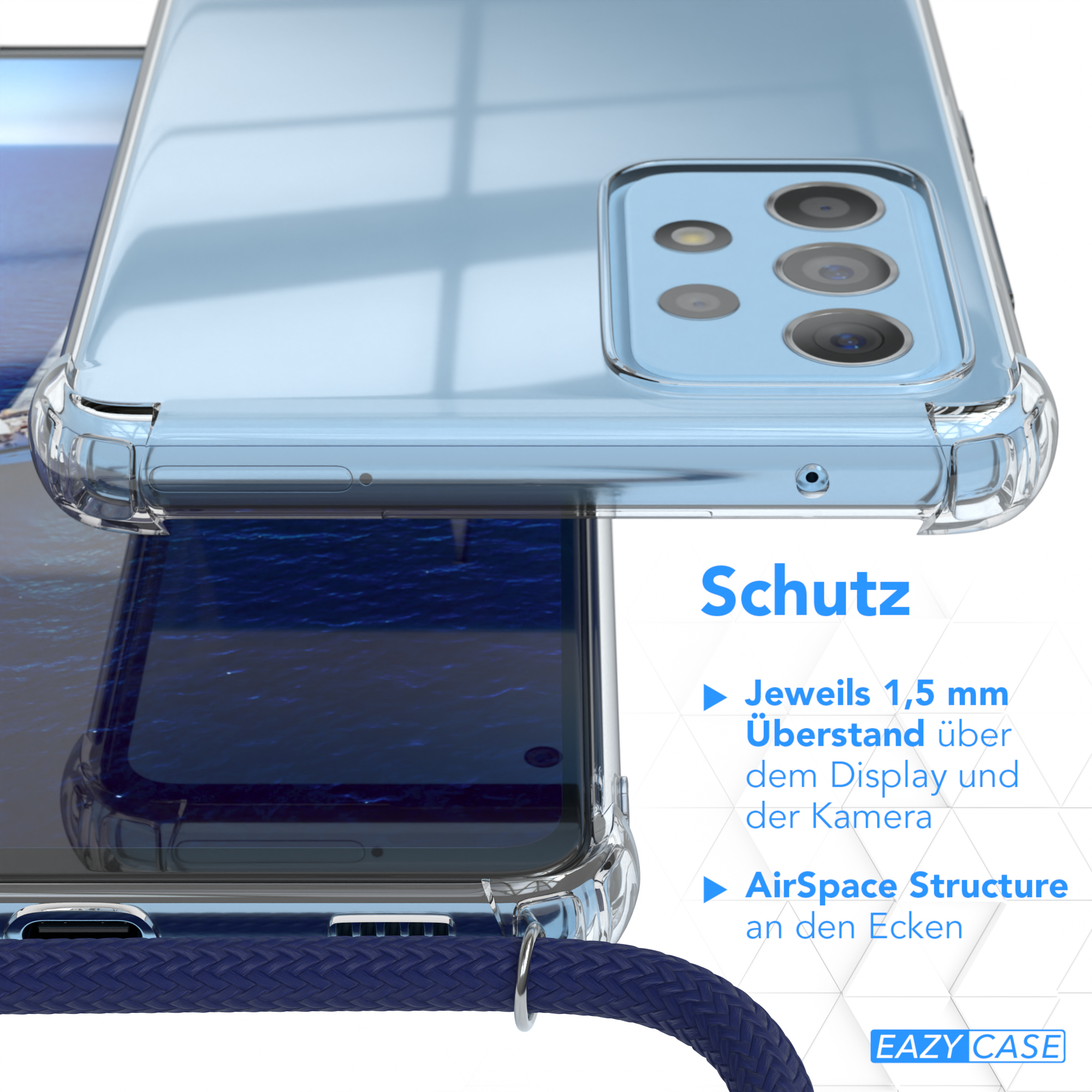 Nahaufnahme einer Handyhülle. Die Hülle ist transparent und zeigt das Telefon darin.
