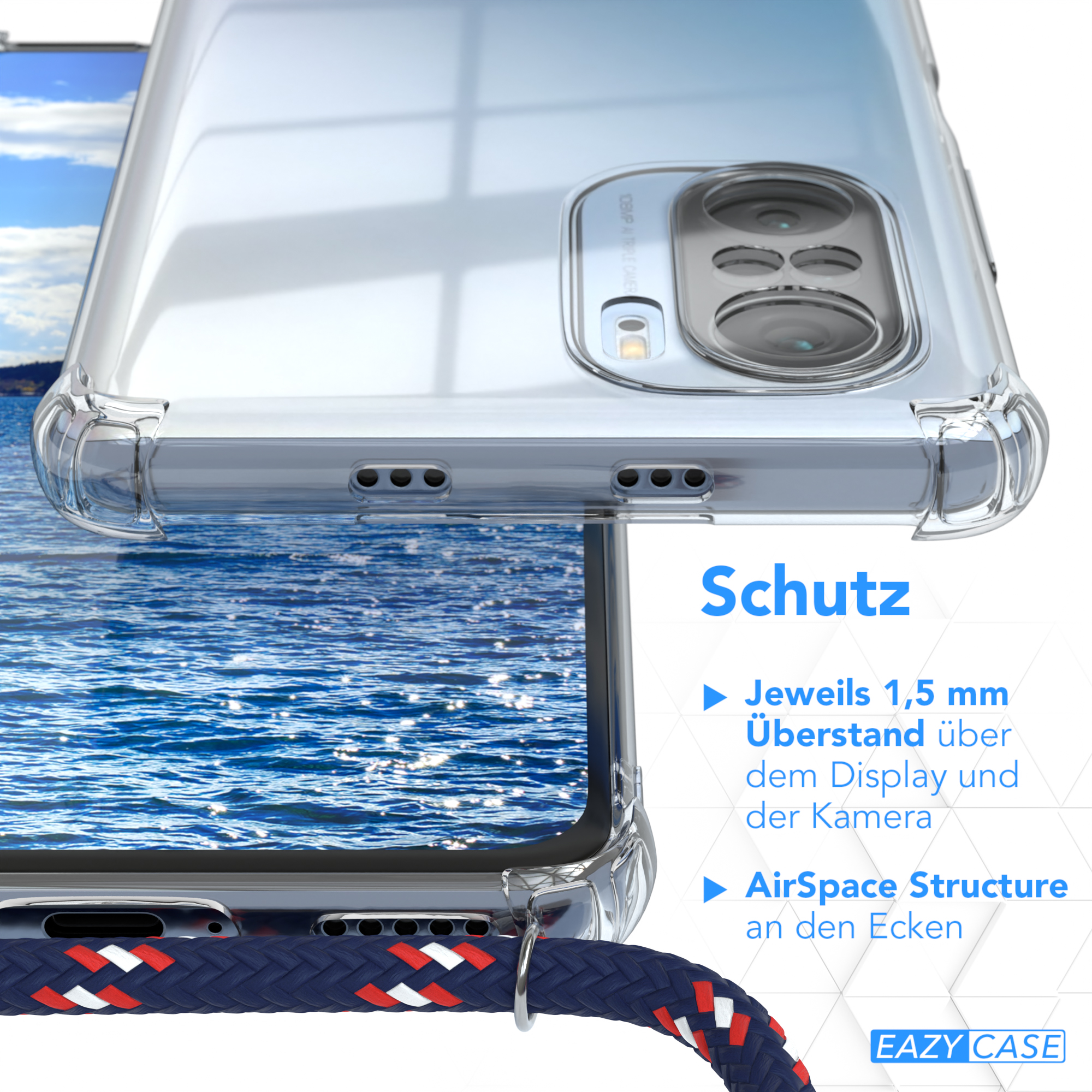 Transparente Handyhülle mit Telefon und Lanyard. Nahaufnahmedetails der Hülle.