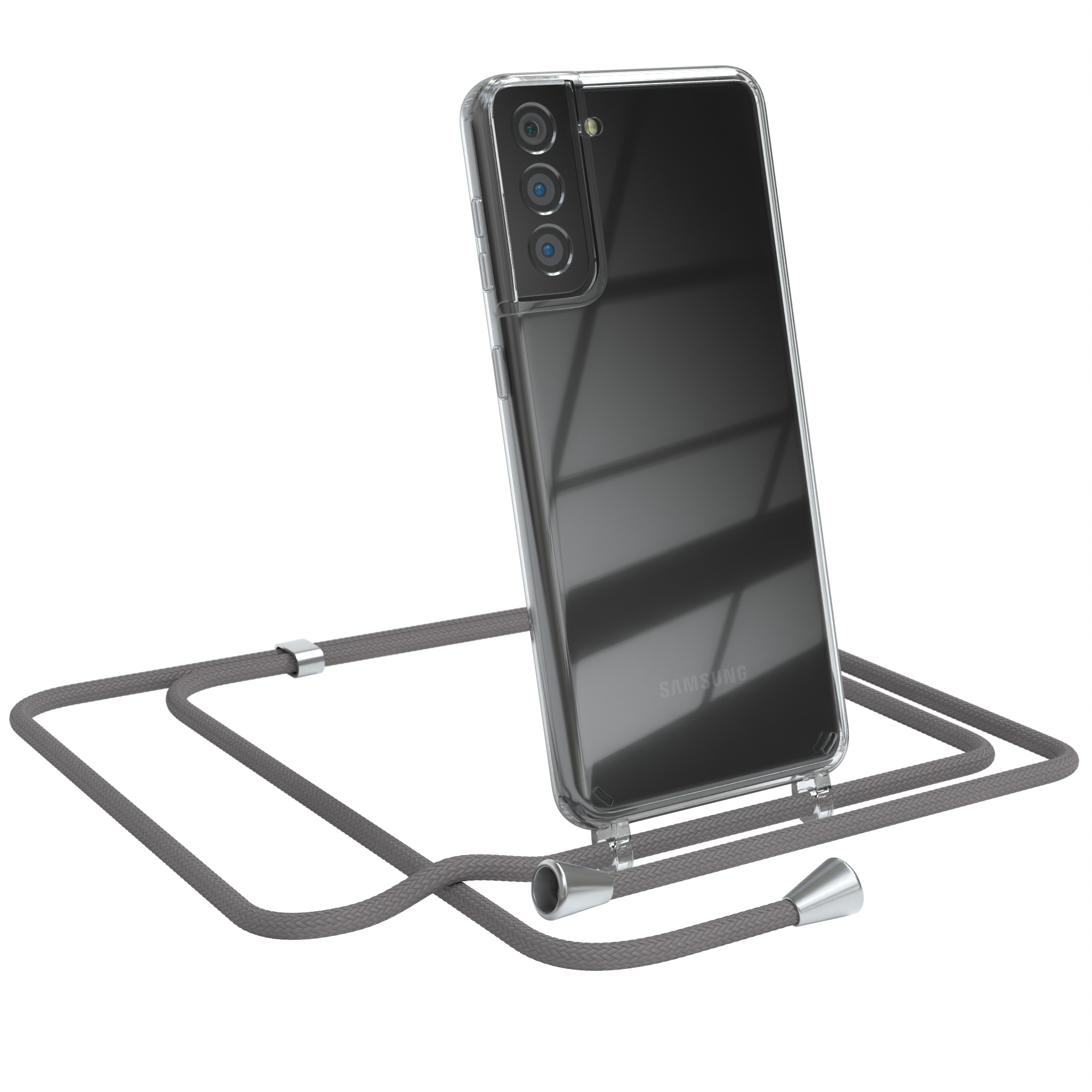 Transparente Handyhülle mit grauer Kordel. Samsung-Logo sichtbar. Weißer Hintergrund.