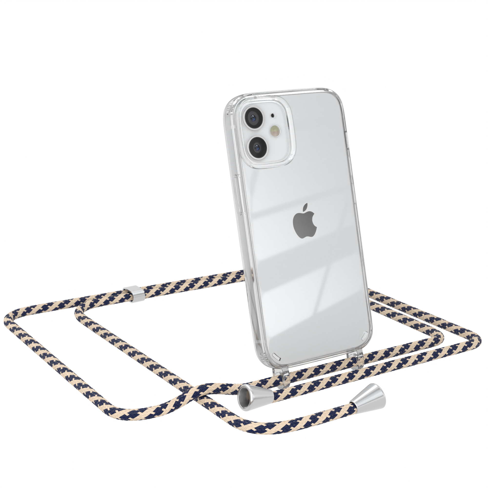 Klare Handyhülle mit Lanyard. Das Lanyard ist marineblau, beige und weiß.