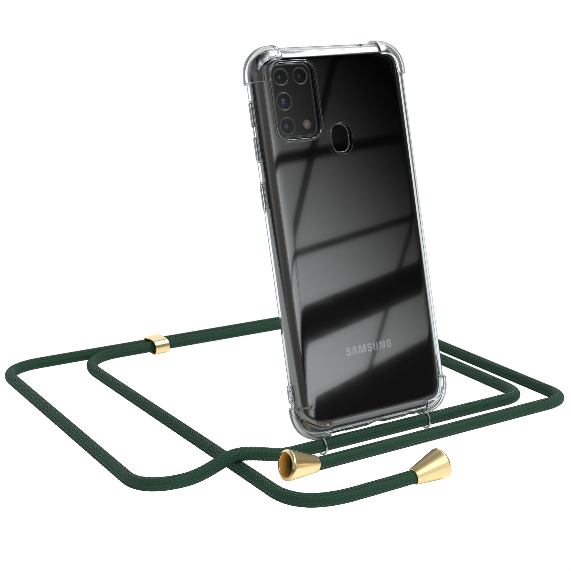 Transparente Handyhülle mit grünem Band. Ein Samsung-Logo ist sichtbar.