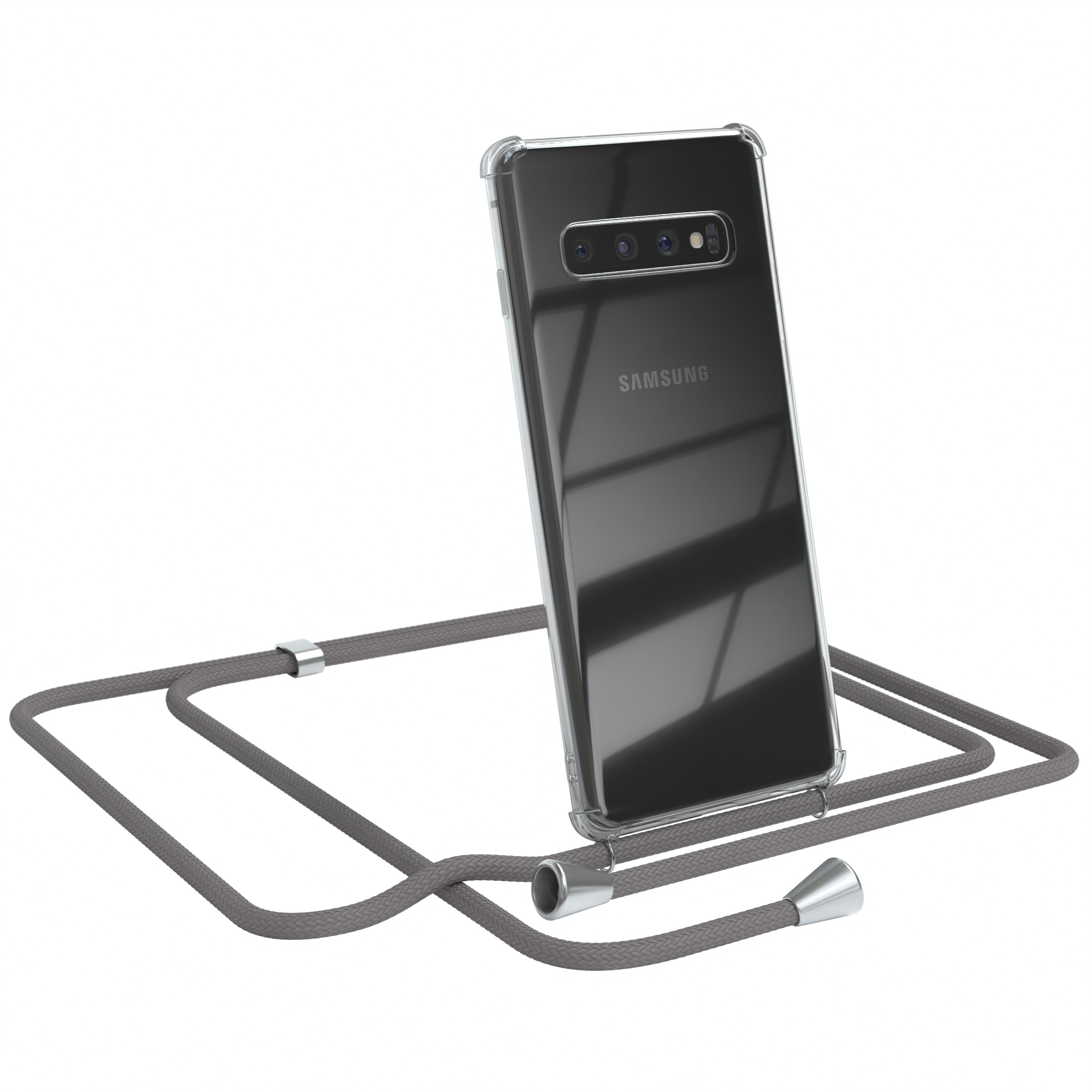 Transparente Handyhülle mit grauem Schlüsselband. Ein Samsung-Telefon ist drin.