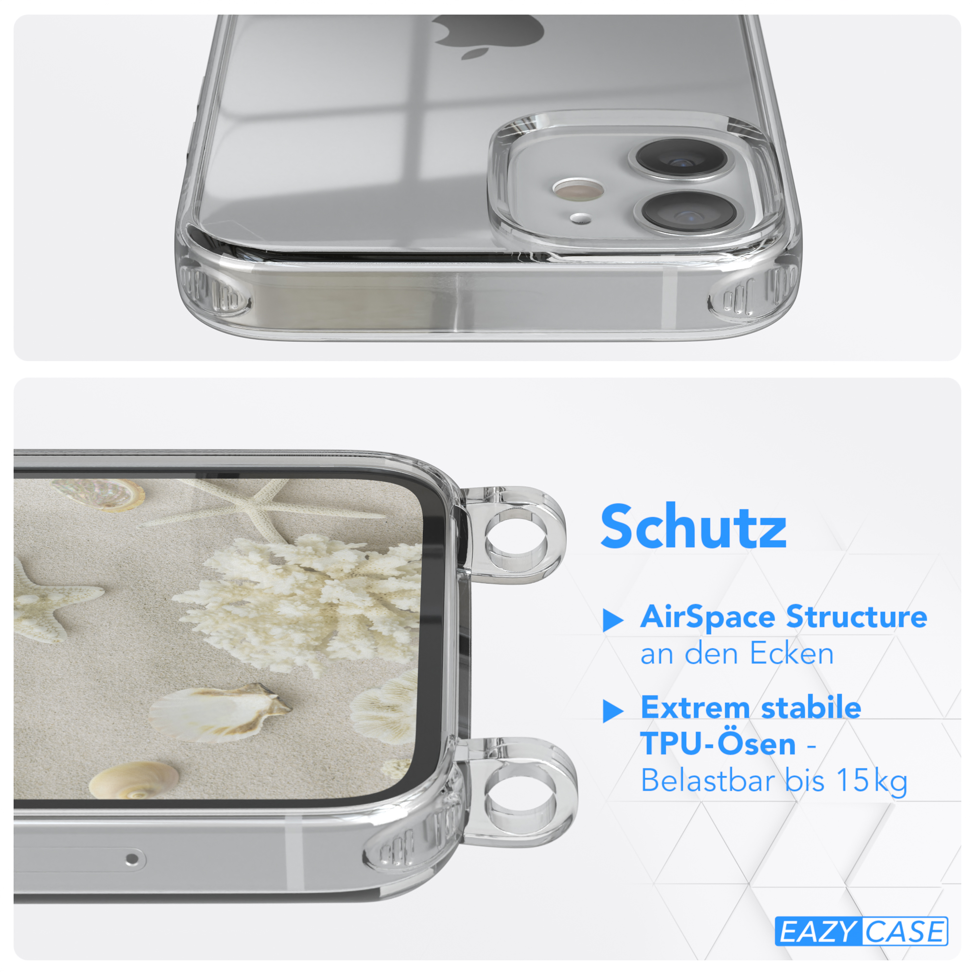 Transparente Handyhülle mit einer Strandszene im Inneren. Text über Schutzfunktionen.