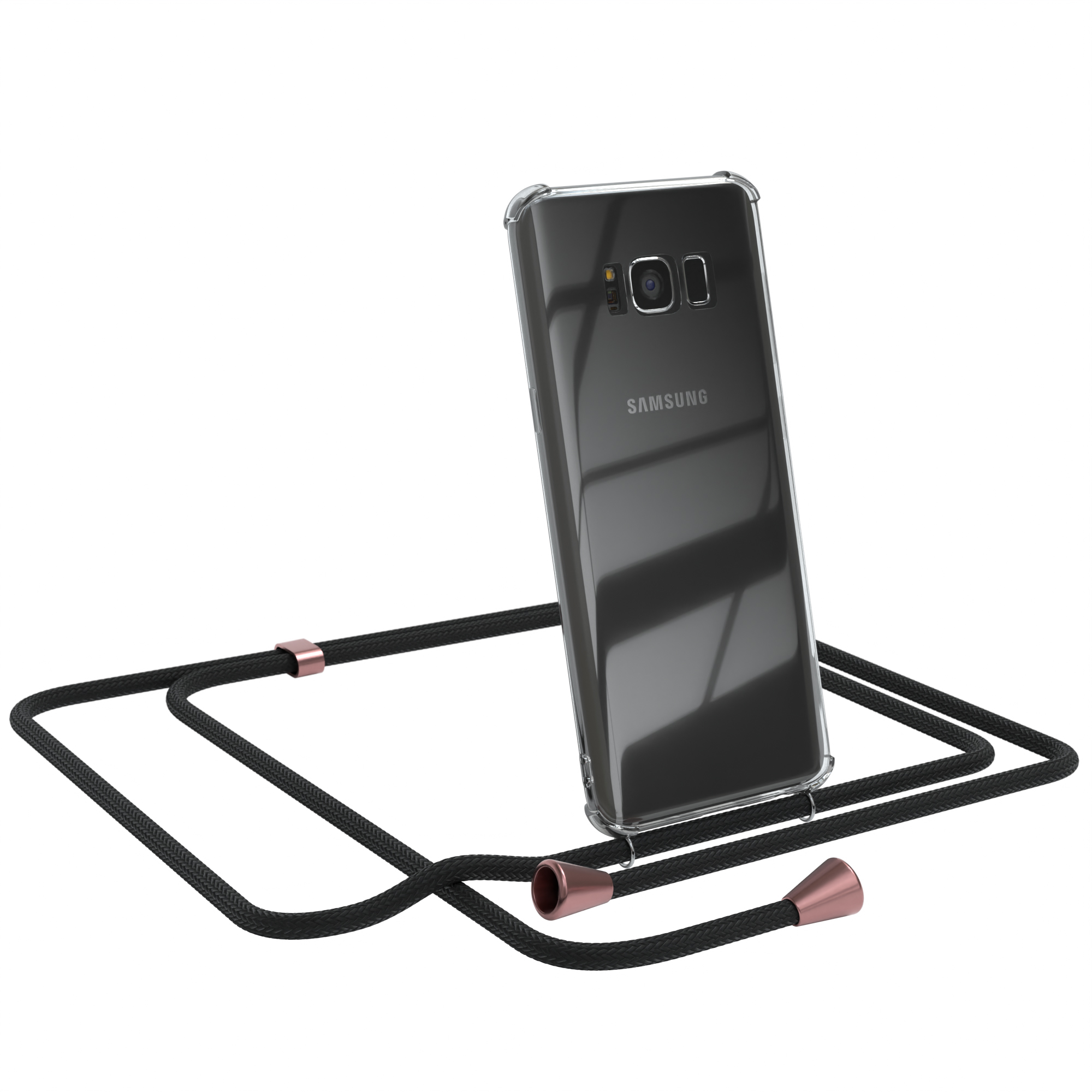 Transparente Handyhülle mit Telefon und schwarzem Umhängeband.