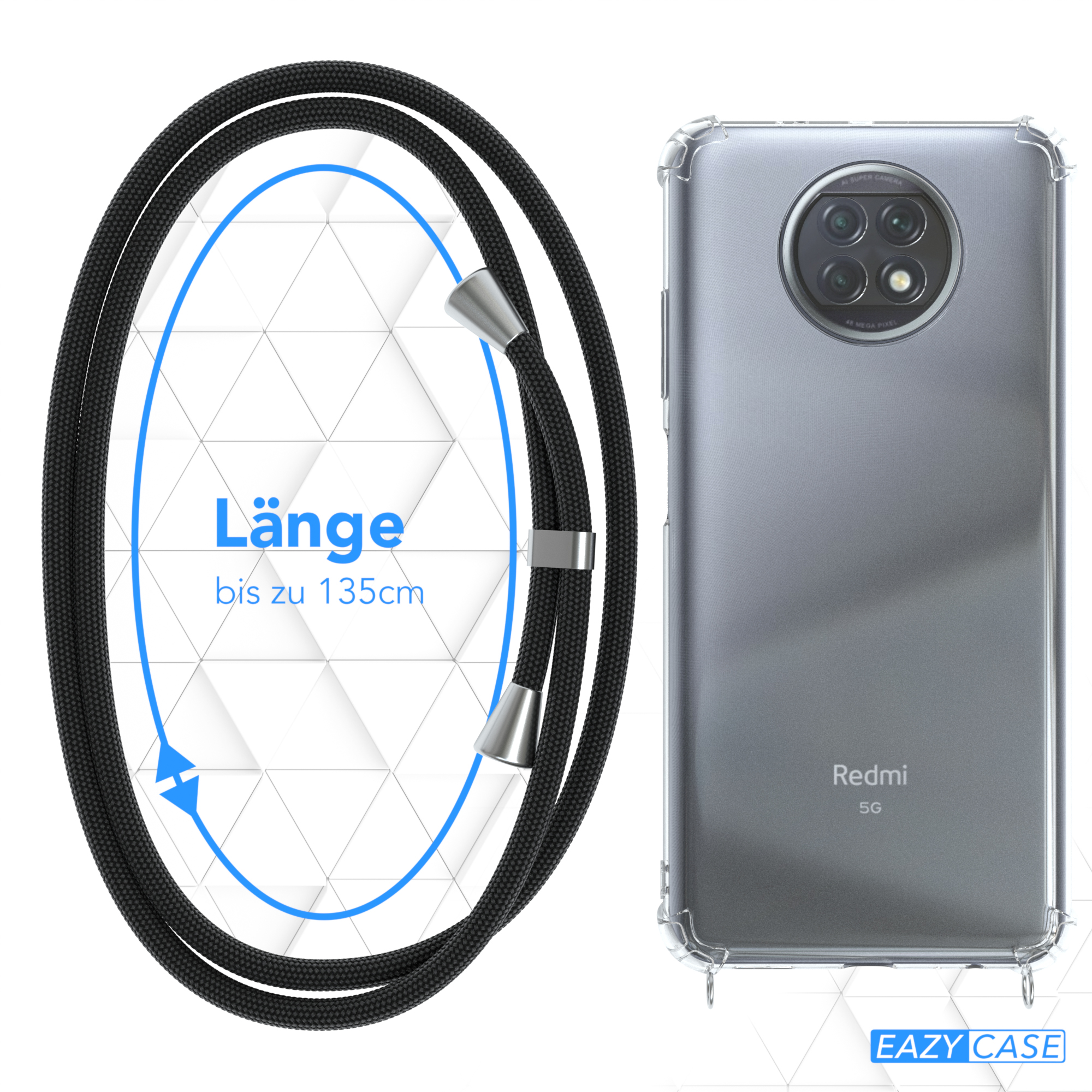 Schwarzes Telefonband mit Handyhülle, schwarzem Kabel und silbernen Akzenten. Ein Telefon ist sichtbar.