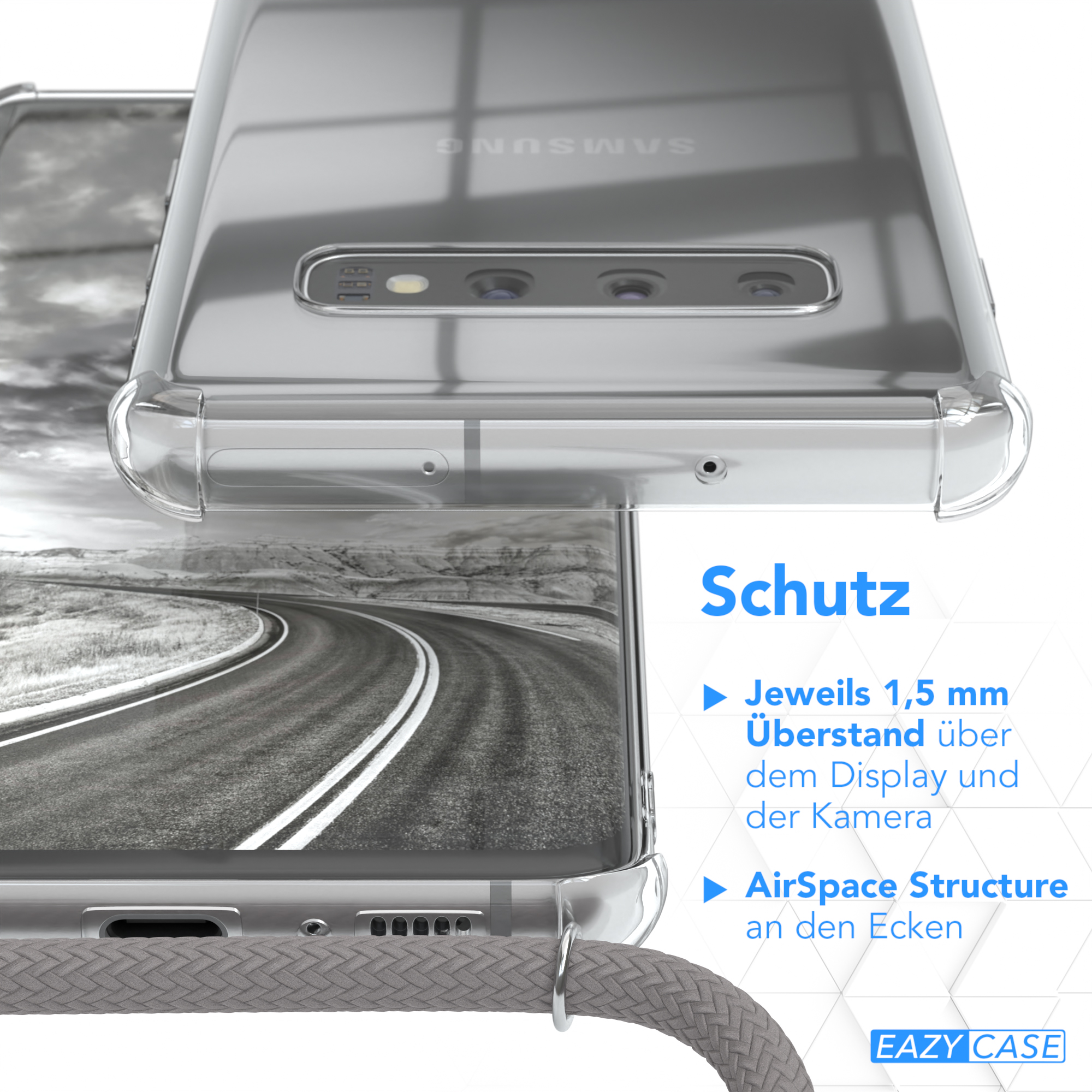 Klare Handyhülle mit grauem Band. Text: Schutz, 1,5 mm über dem Display, AirSpace Structure.