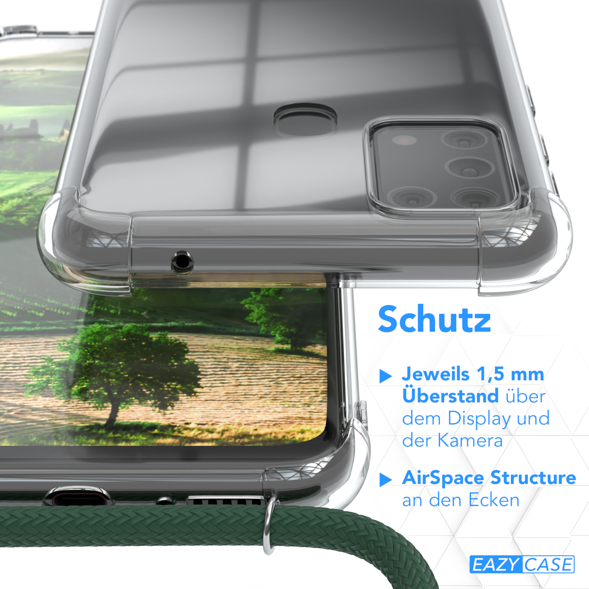 Detail einer transparenten Handyhülle über grüner Oberfläche. Text: Schutz. Eigenschaften: 1,5 mm Schutz.