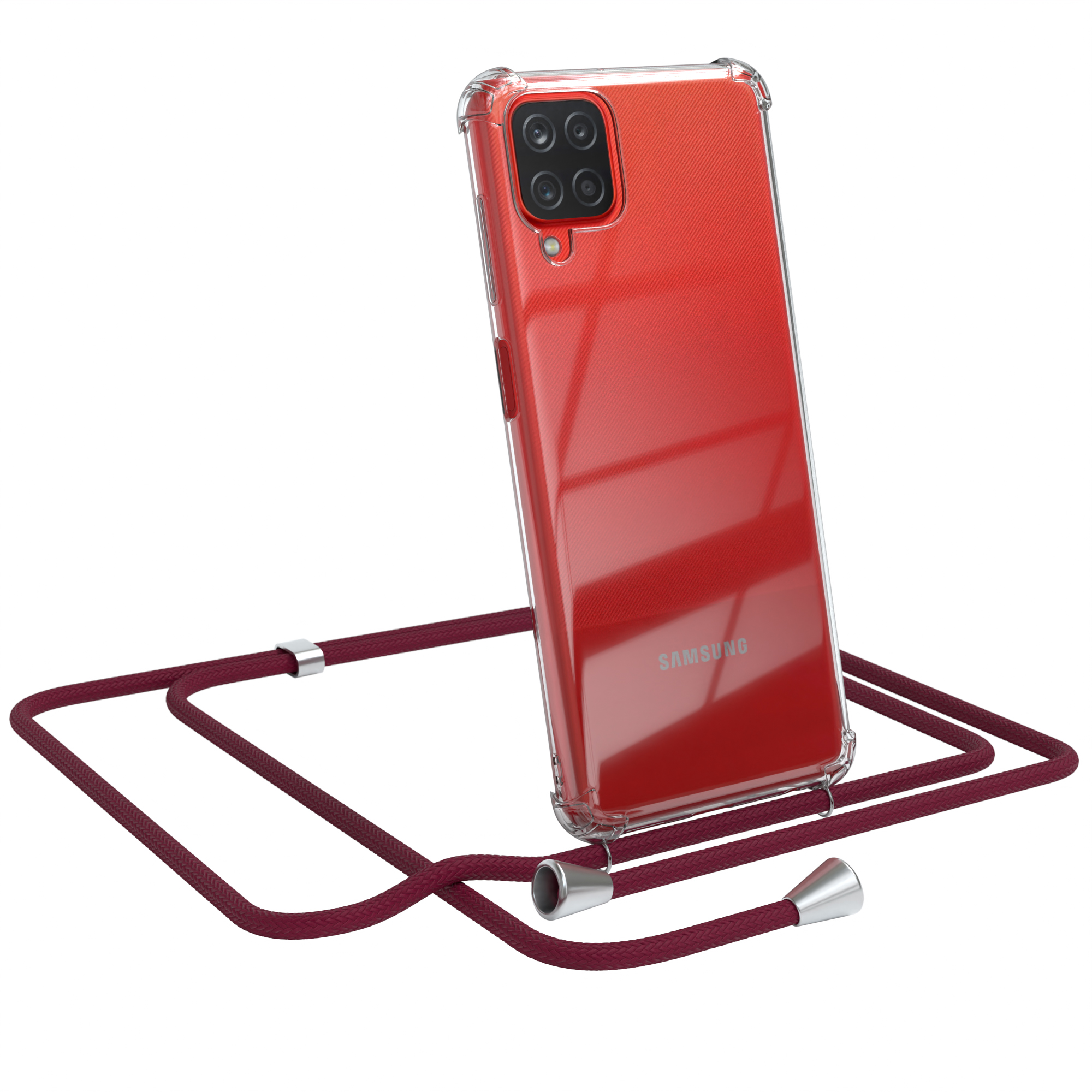 Telefon in klarer Hülle mit weinrotem Umhängeband. Samsung-Logo sichtbar.