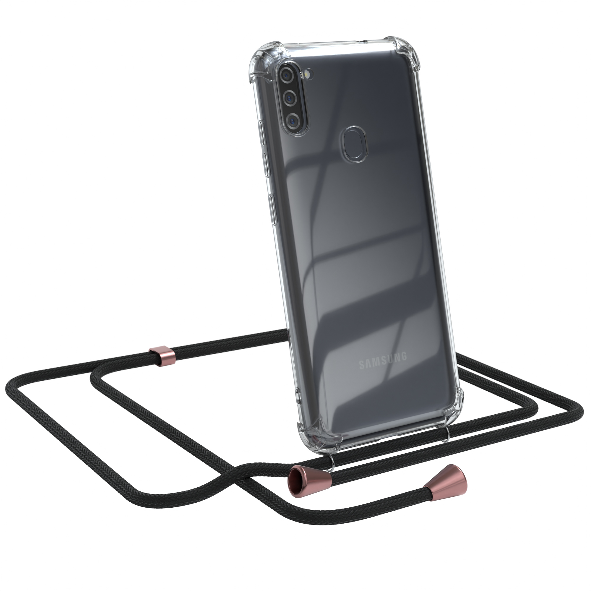 Transparente Handyhülle mit schwarzem Kordel. Samsung-Telefon sichtbar. Weißer Hintergrund.